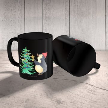 Mr. & Mrs. Panda Tasse Pinguin Weihnachtsbaum - Schwarz - Geschenk, Weihnachtsdeko, Winter, Keramik Schwarz, Einzigartiges Botschaft