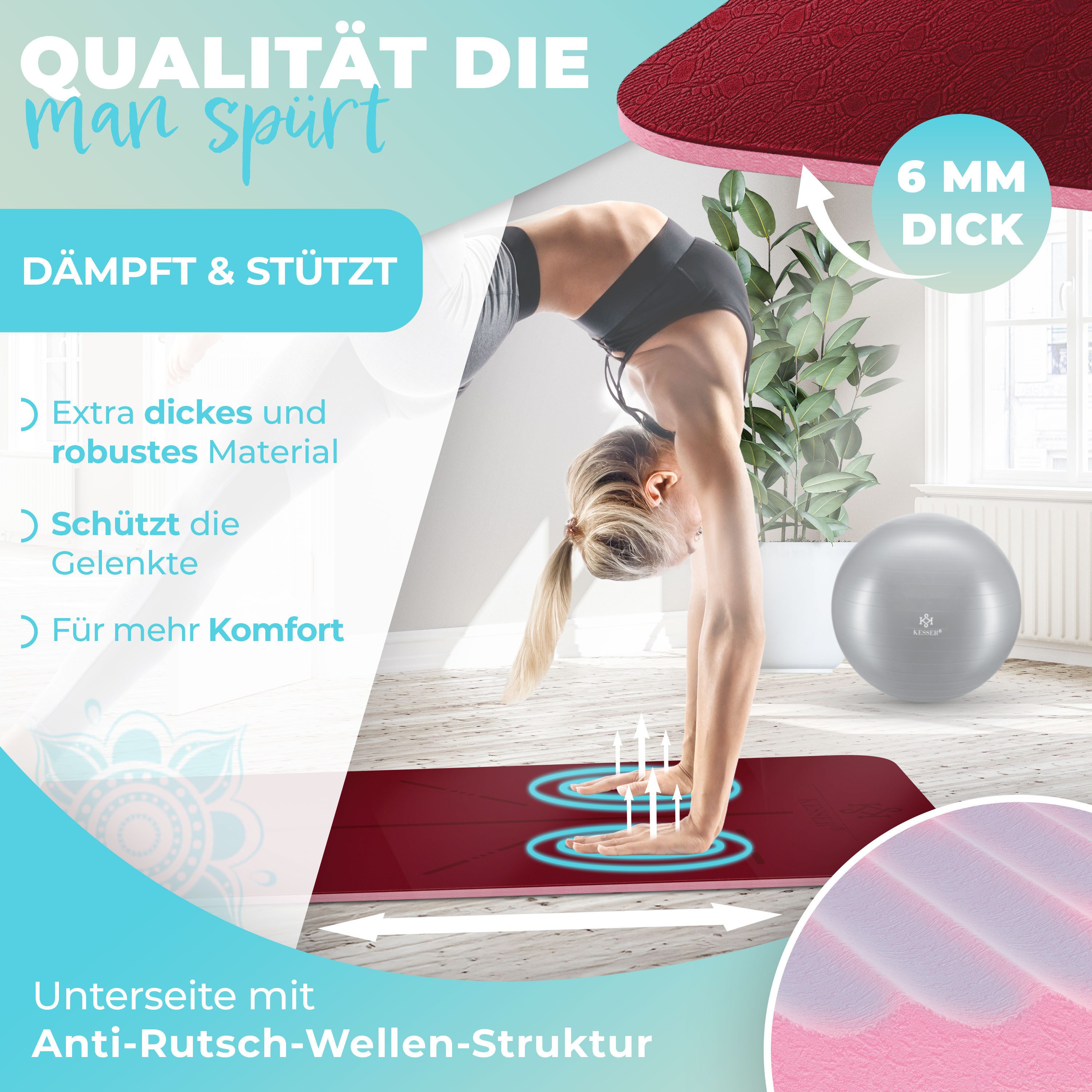 KESSER Yogamatte, Gymnastikmatte + Tragegurt rutschfest TPE Yogamatte gepolstert