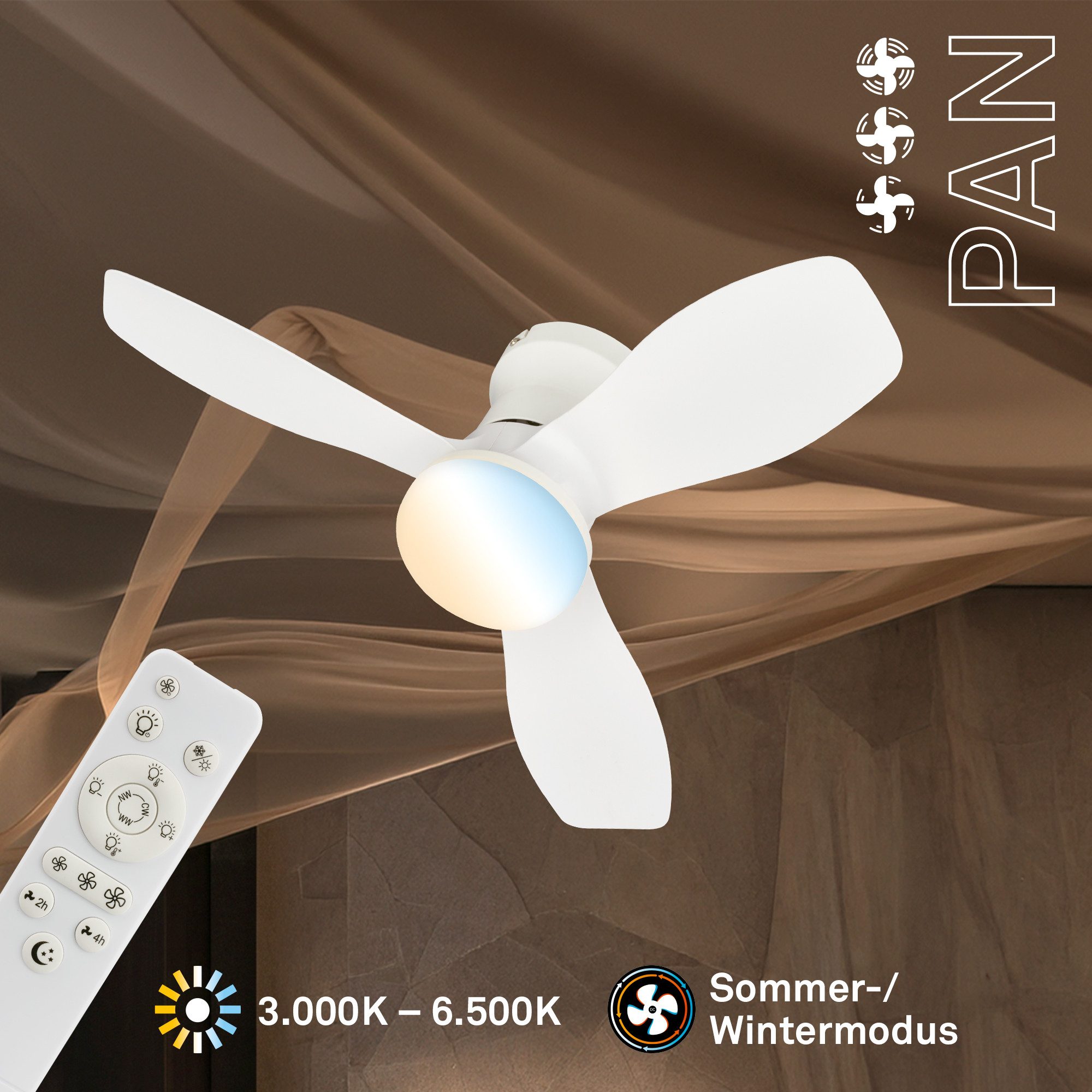 Briloner Leuchten LED Deckenleuchte mit Ventilator dimmbar CCT Deckenventilator mit Licht Schlafzimmer, LED fest integriert, CCT, 3000-6500K, 78x26 cm, Schlafzimmer, Wohnzimmer, Esszimmer, Flur, Küche