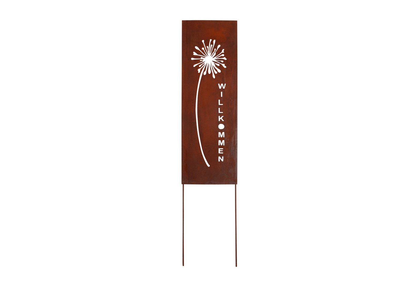 UNUS GARDEN Gartenstecker Roststecker Schild Pusteblume (1-St., ca. 66 x 22 cm (H x B), inklusive Streben ca. 99 cm) Metallschild Gartenparty Hauseingang Geschenk WILLKOMMEN