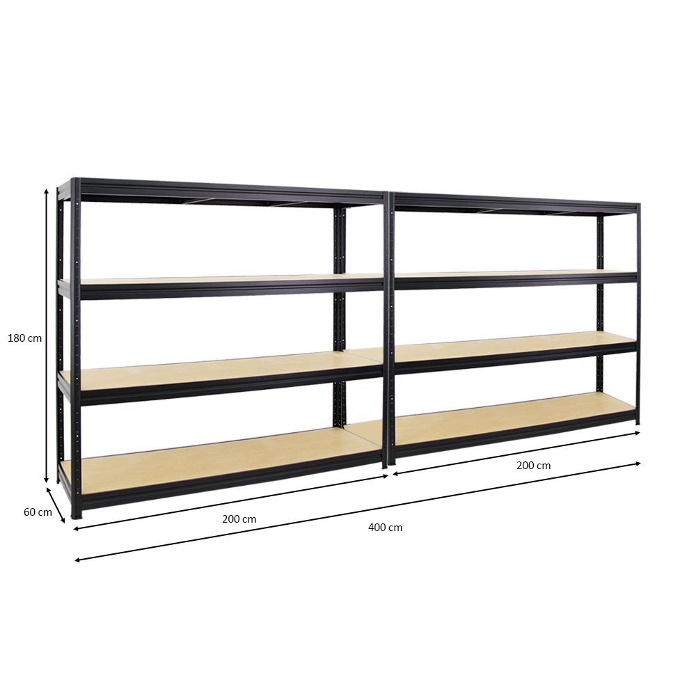 Fachlast, DINO, 90-200cm HxBxT von 180x200x60cm, Schwerlastregal 500-600kg 2x Schwerlastregal hohe Spar-Set, PROREGAL® MegaDeal Spannbreite Schwarz,