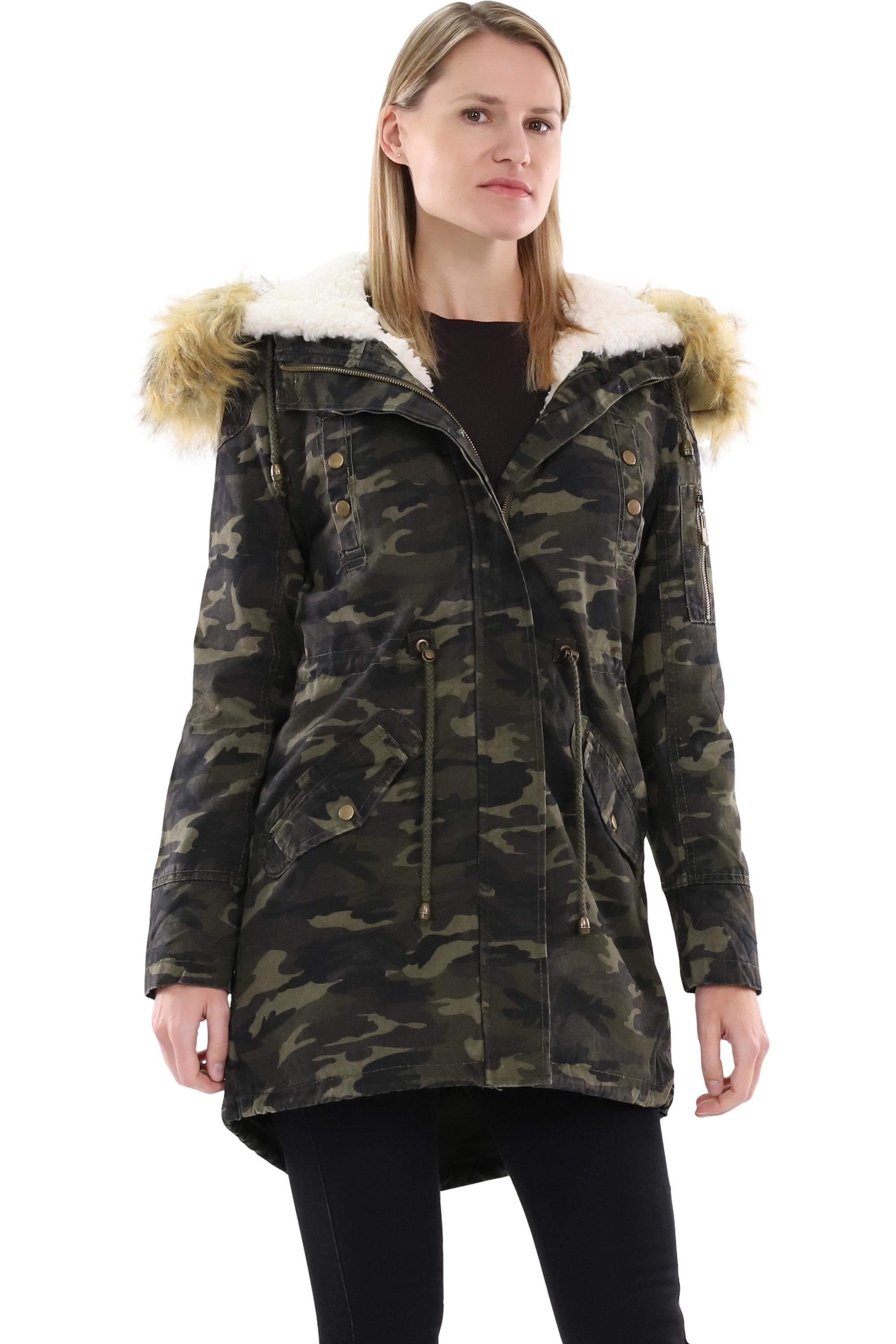 malito more than fashion Parka malito Damen Parka mit Kapuze, Winterjacke mit Kunstfell, gefütterte Winterjacke in Camouflage Military-Look mit Teddyfell