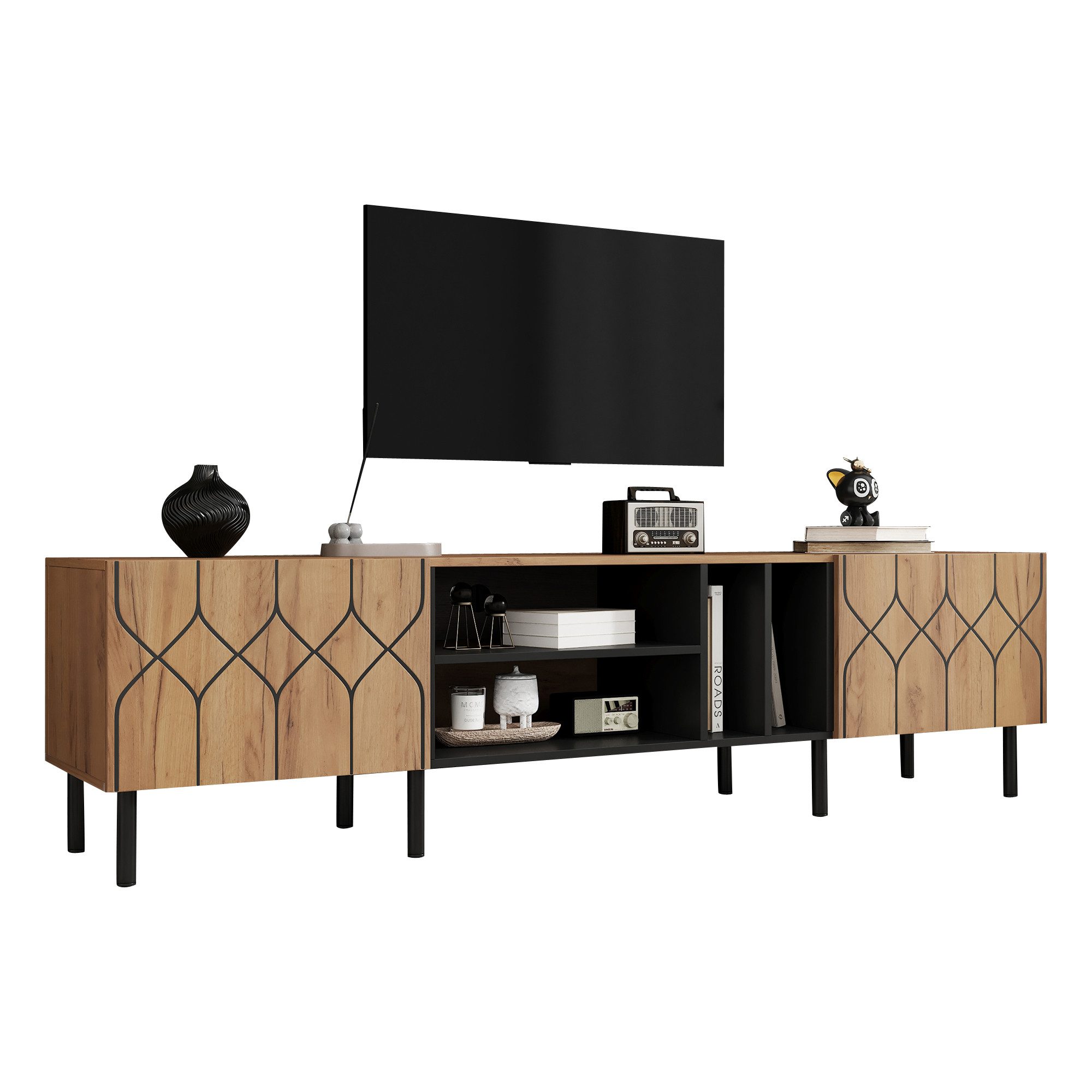 Merax Lowboard mit 2 Türen, 4 offenen Fächern, Metallbeine & Stauraum (1 St), TV-Schrank Wohnzimmer Möbel Fernsehschrank, 180x40x50cm