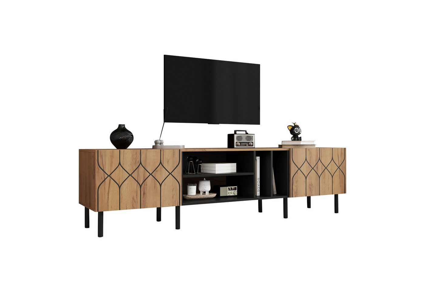 Merax Lowboard mit 2 Türen, 4 offenen Fächern, Metallbeine & Stauraum (1 St), TV-Schrank Wohnzimmer Möbel Fernsehschrank, 180x40x50cm