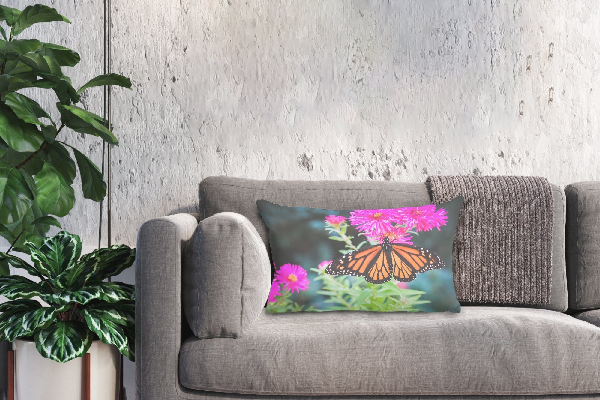 Botanisch Schlafzimmer MuchoWow Dekokissen - Wohzimmer Blume, Schmetterling Dekokissen - mit Zierkissen, Füllung, Dekoration,