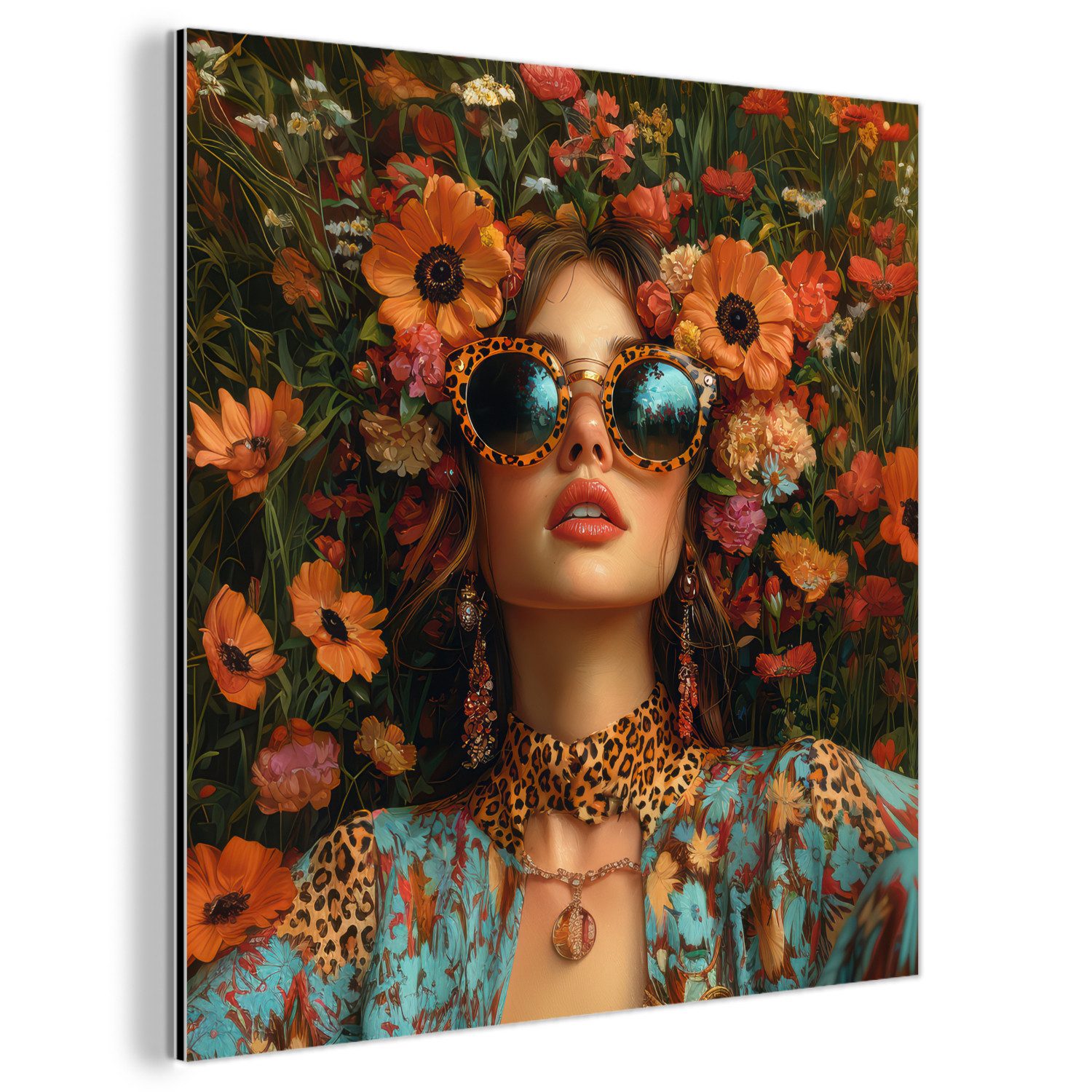 MuchoWow Metallbild Frauen - Blumen - Modern - Brille - Abstrakt, Inkl. Aufhängung, Alu-Dibond-Druck, Wandbild aus Metall, Aluminium deko, 20x20 cm