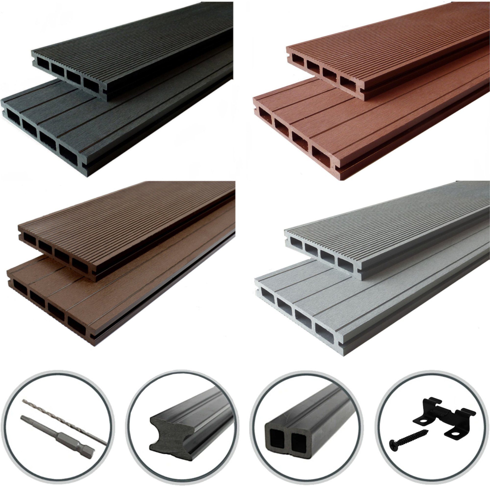 WPC Profi Terrassendielen Terrassen Garten 25 mm, (Komplettset, mit Unterkonstruktion, Clips und Schrauben)