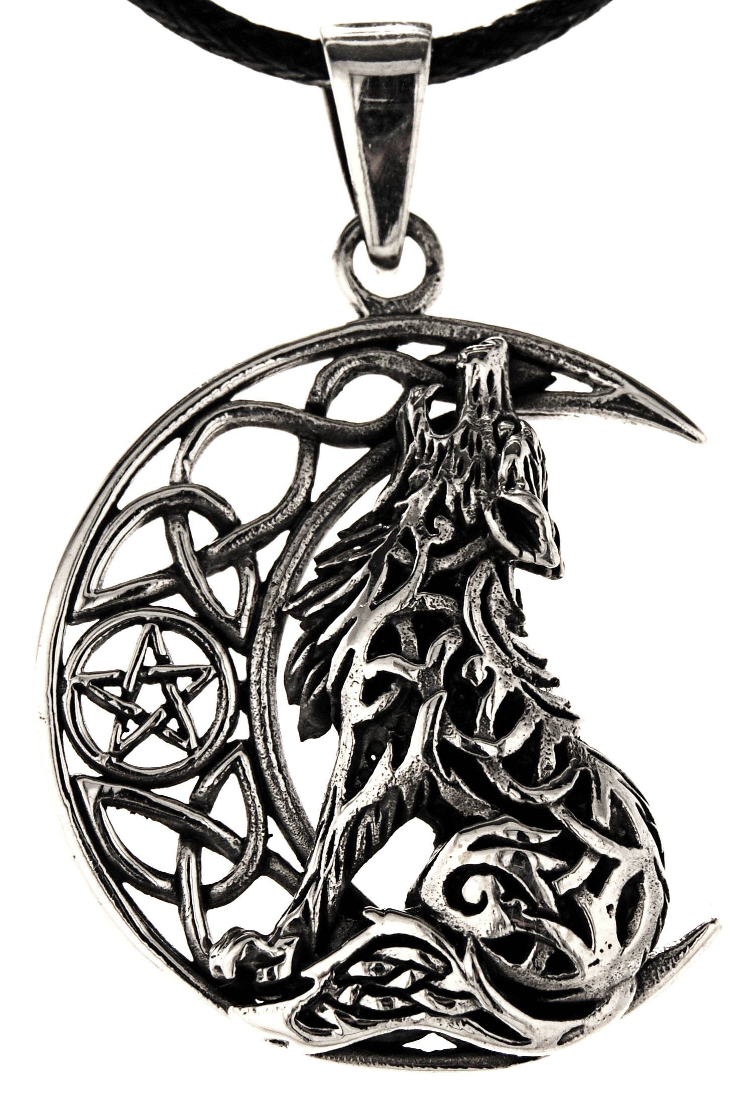 Kiss of Leather Kettenanhänger Wolf im Mond heulender Wolf Pentagramm Keltenknoten, 925 Silber (Sterlingsilber)