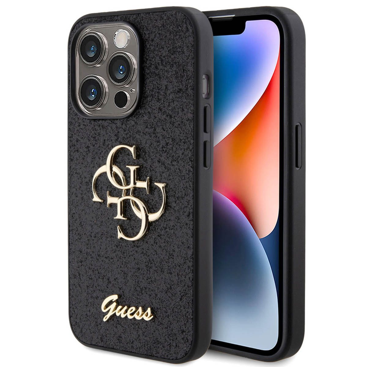 Guess Backcover Guess 4G Metal Logo Back Cover mit Glitter Apple iPhone 15 Pro - Schwa