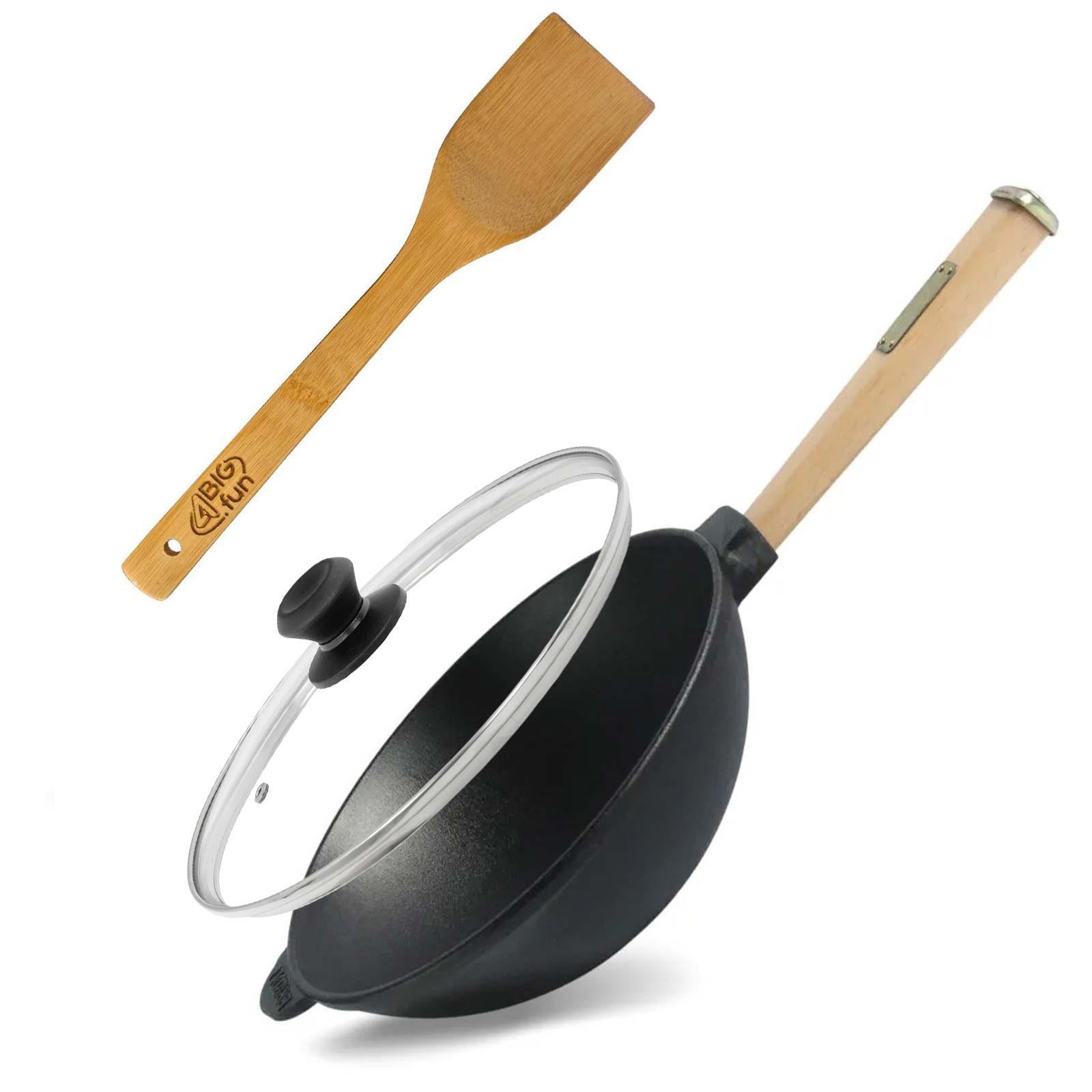 4BIG.fun Wok Wok Bratpfanne Ø26 cm 2,8 L aus Gusseisen, Gusseisen (mit Holzgriff Glasdeckel Asia Wokpfanne Induktion Сковородыwender), Holzgriff abschraubbar, Induktionsgeeignet