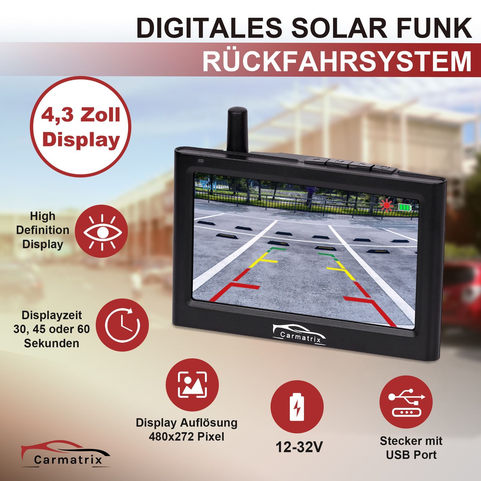 CARMATRIX Solar 1 Rückfahrkamera (Solar Funk Video Rückfahrsystem im Nummernschild Kennzeichenhalter, Rückfahrkamera Solarpanel Akku Digital kabellos ohne Bohren)