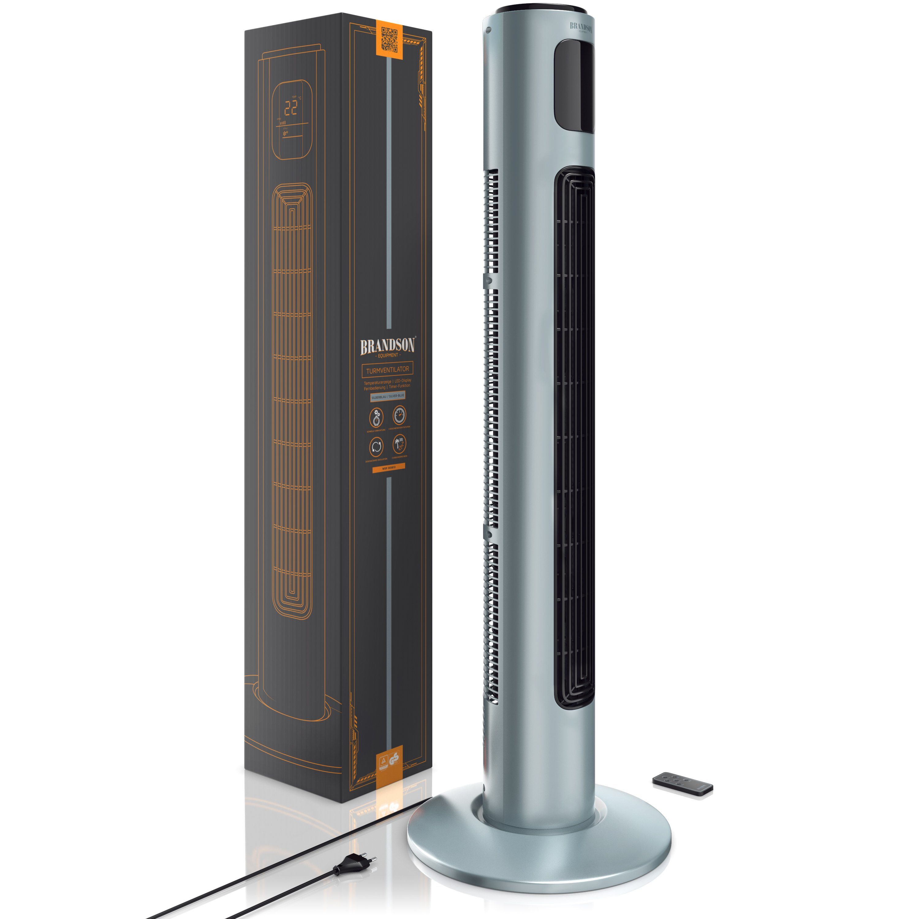 Eisgrau Brandson Turmventilator, Fernbedienung, 96cm, Oszillation 65°, Timer, Standventilator