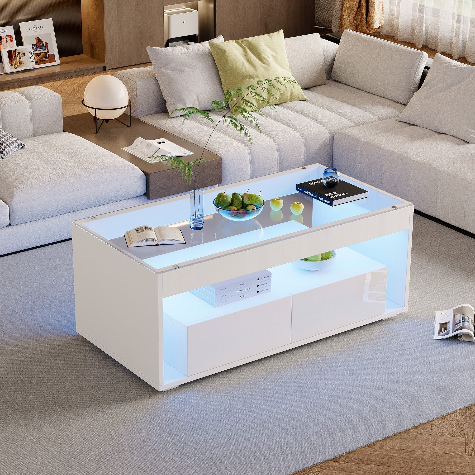 REDOM Couchtisch Hochglanz Wohnzimmertisch (doppelstöckiger Satztisch, Beis günstig online kaufen