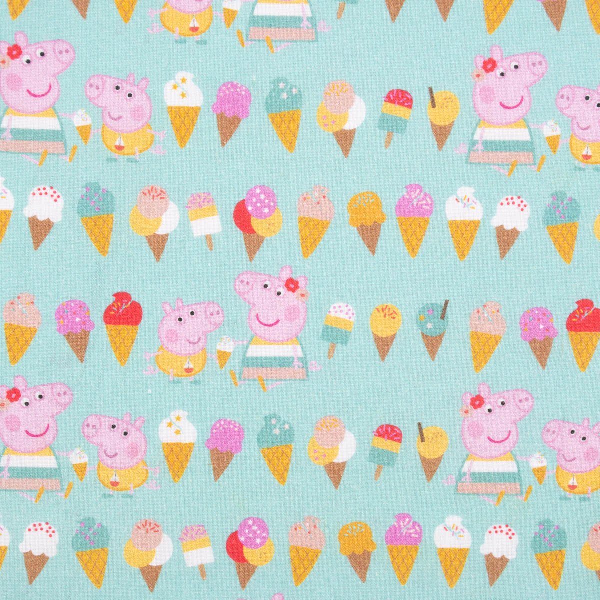 SCHÖNER LEBEN. Stoff Baumwollstoff Meterware Popeline Peppa Wutz mint rosa braun gelb, allergikergeeignet