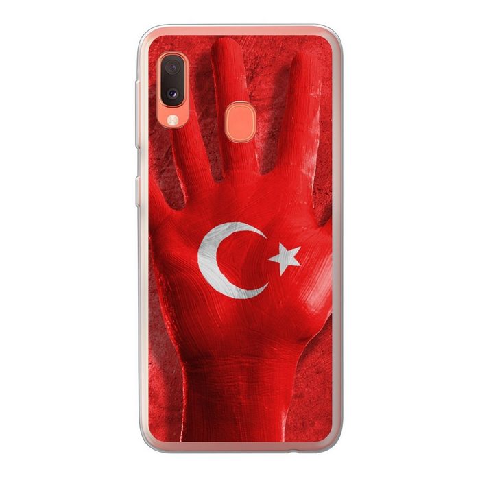 MuchoWow Handyhülle Eine Hand formt die türkische Flagge Handyhülle Samsung Galaxy A20e Smartphone-Bumper Print Handy