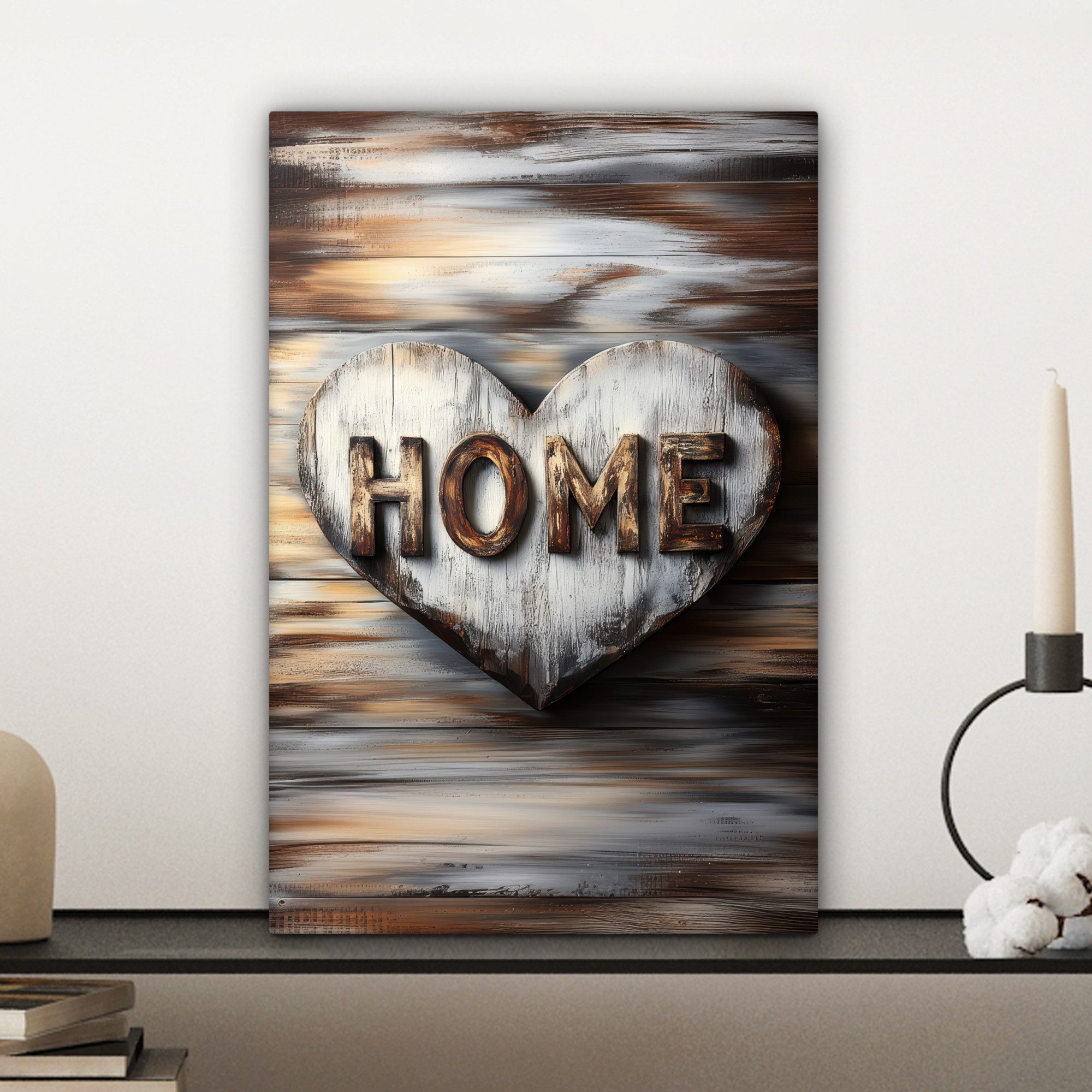 OneMillionCanvasses® Leinwandbild Zuhause - Herz - Holzoptik - Liebe, Fotodruck (1 St), Leinwand Canvas Wandbild, Wanddekoration 20x30 cm