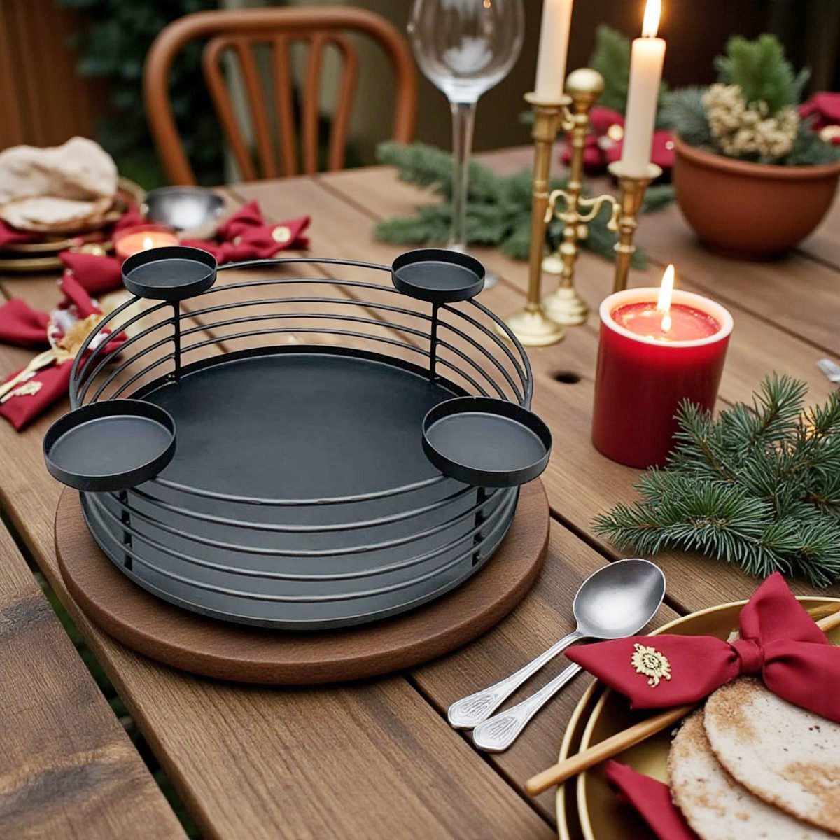 Macosa Home Adventskranz Schwarz Metall 30 cm modern elegantes Adventsgesteck, 4 Kerzenhalter Tischdekoration