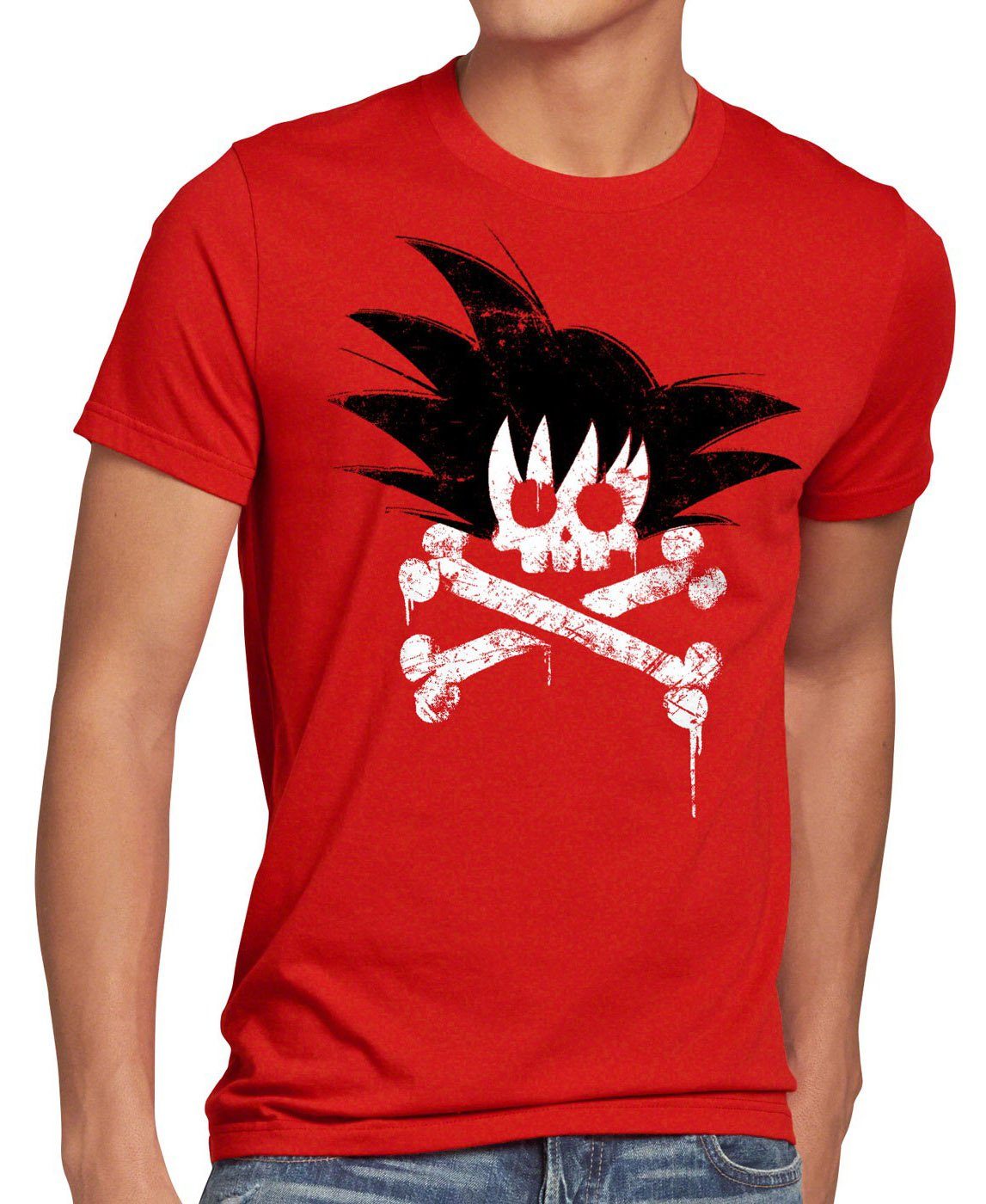 style3 Print-Shirt Herren T-Shirt Goku Skull songoku dragon z ball super saiyan totenkopf vegeta gt rot