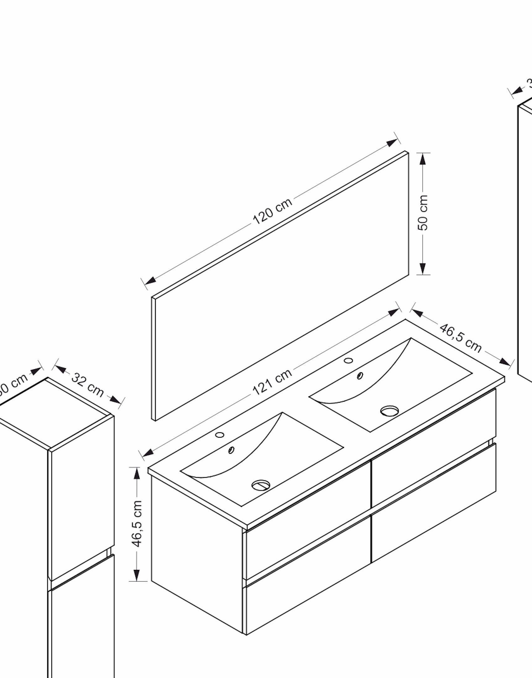 Homeline Badmöbel-Set 120 cm Doppelwaschtisch doppelwaschtisch Weiß Hochglanz unterschrank