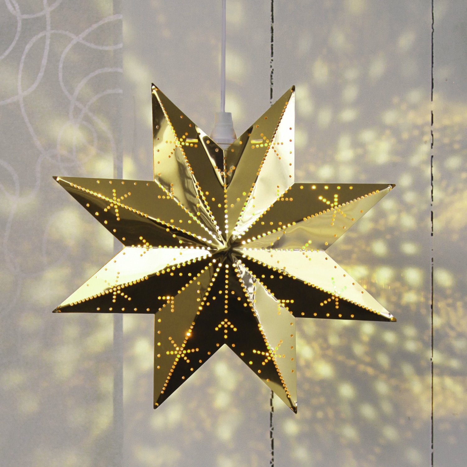STAR gold Stern Weihnachtsstern LED 8-zackig hängend 28cm mit TRADING Messingstern Kabel
