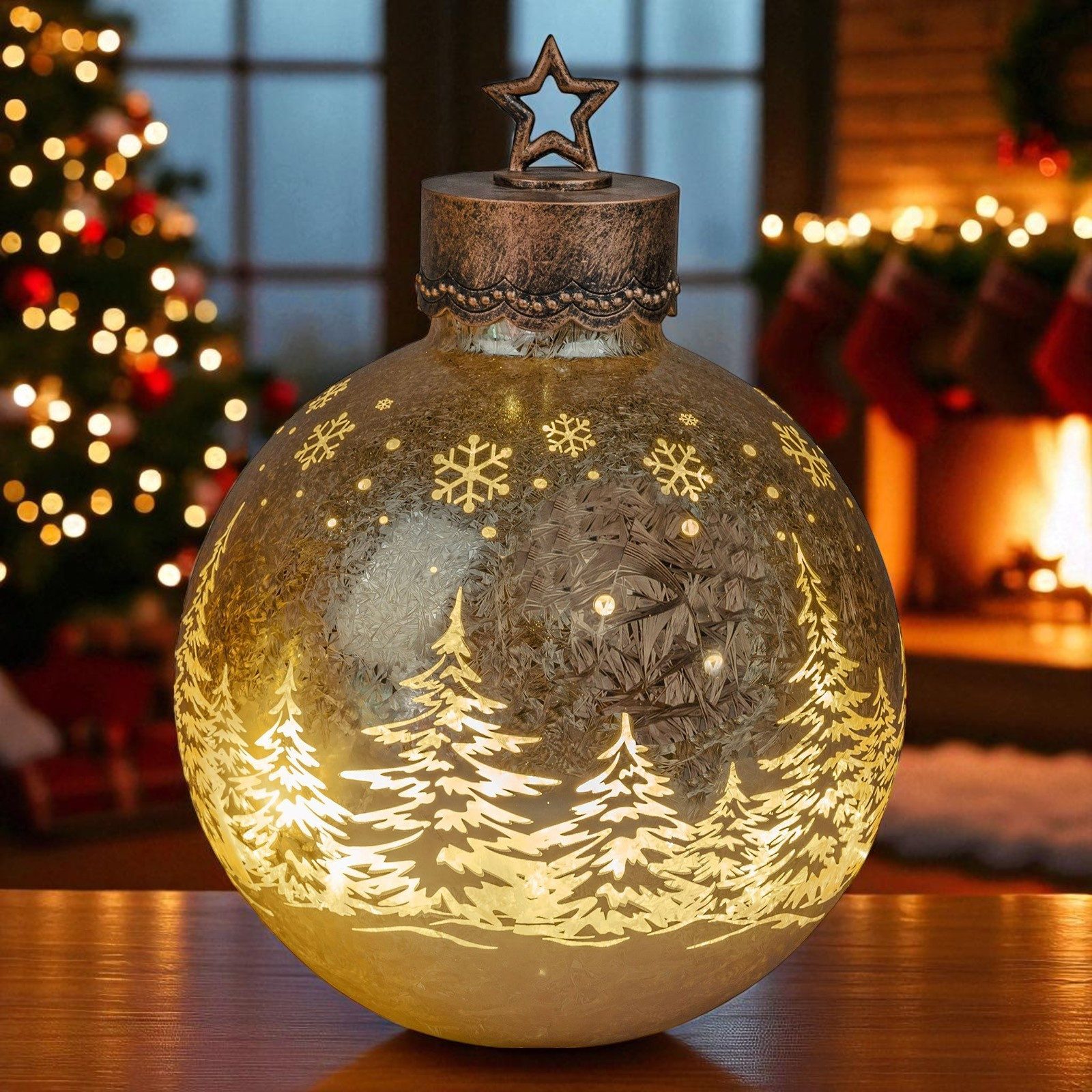 formano LED Dekolicht XXL Glas-Kugel Frosty Gold 35 cm Ice-Optik Timer 6h/18h Weihnachten, LED fest integriert