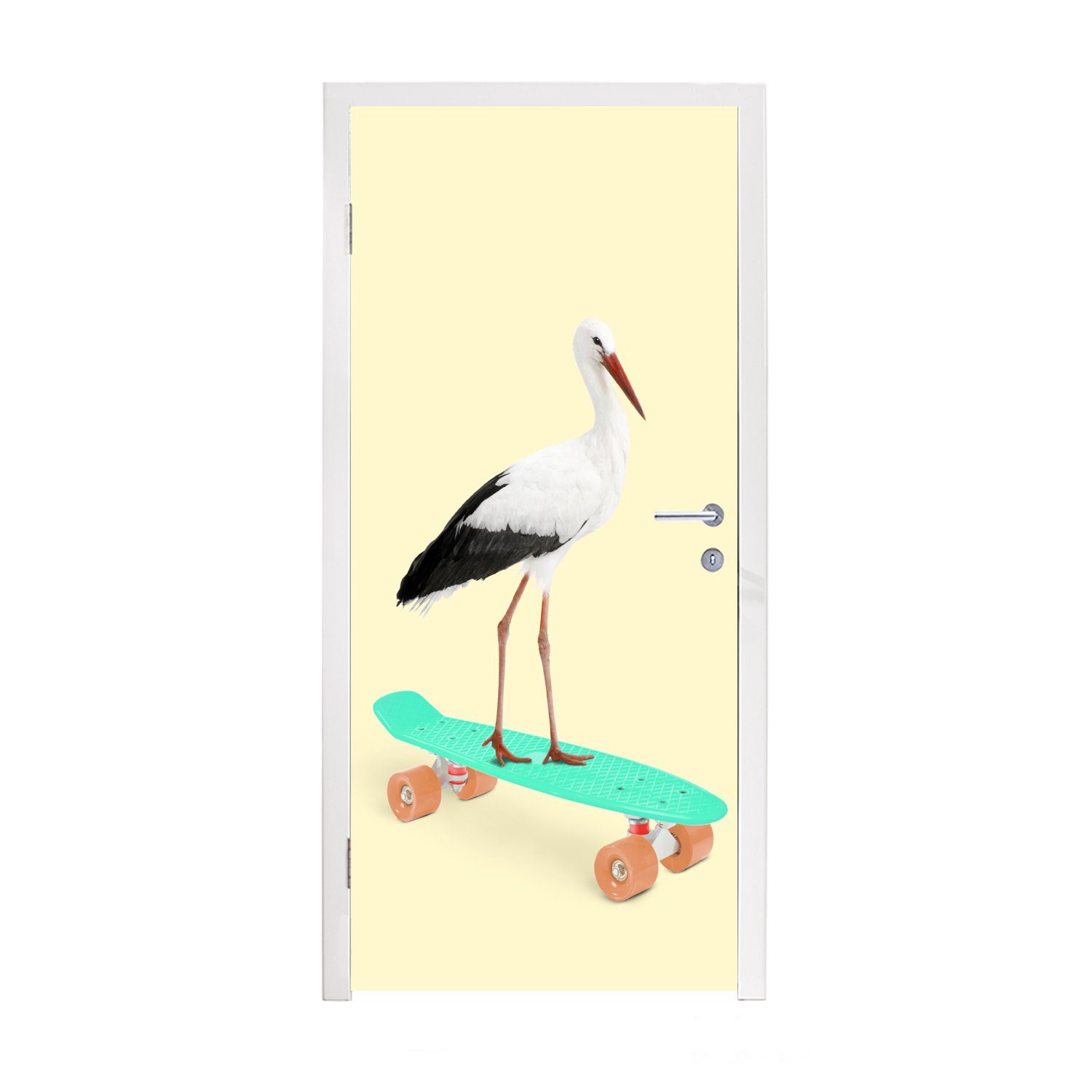 MuchoWow Türtapete Storch - Tiere - Skateboard - Gelb, Matt, bedruckt, (1 St), Fototapete für Tür, Türaufkleber, 75x205 cm