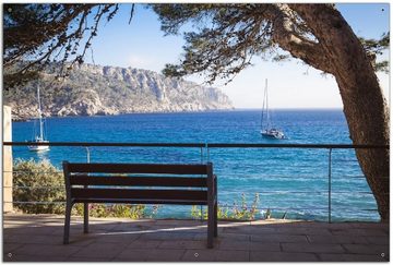 Wallario Sichtschutzzaunmatten Einsame Bank am Meer - Spanien im Sommer