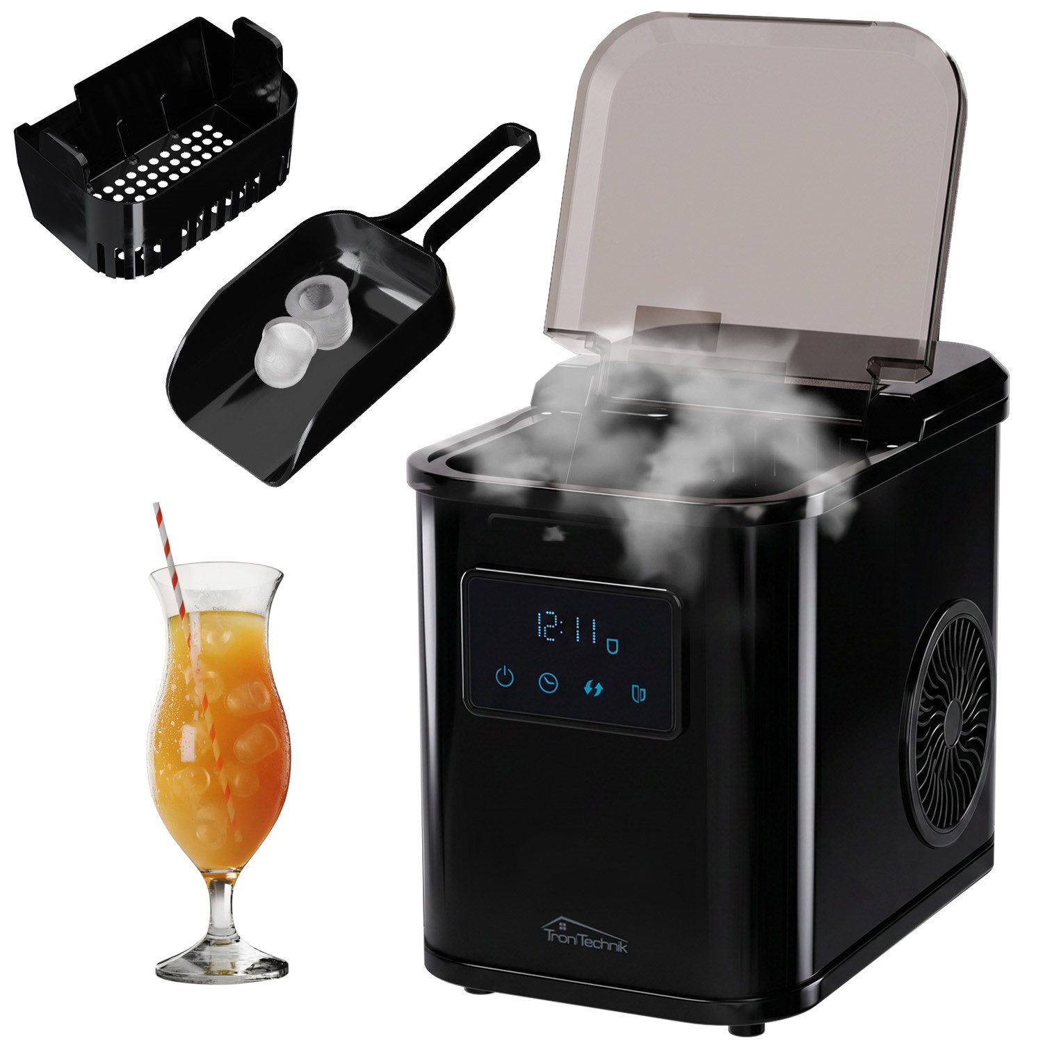 TroniTechnik Eiswürfelmaschine Eiswürfelbereiter Ice Maker inkl. Schaufel, Behälter, 1,8 Liter Wassertank, 12kg/24h, Würfelgrößen S/L, 120W, schwarz