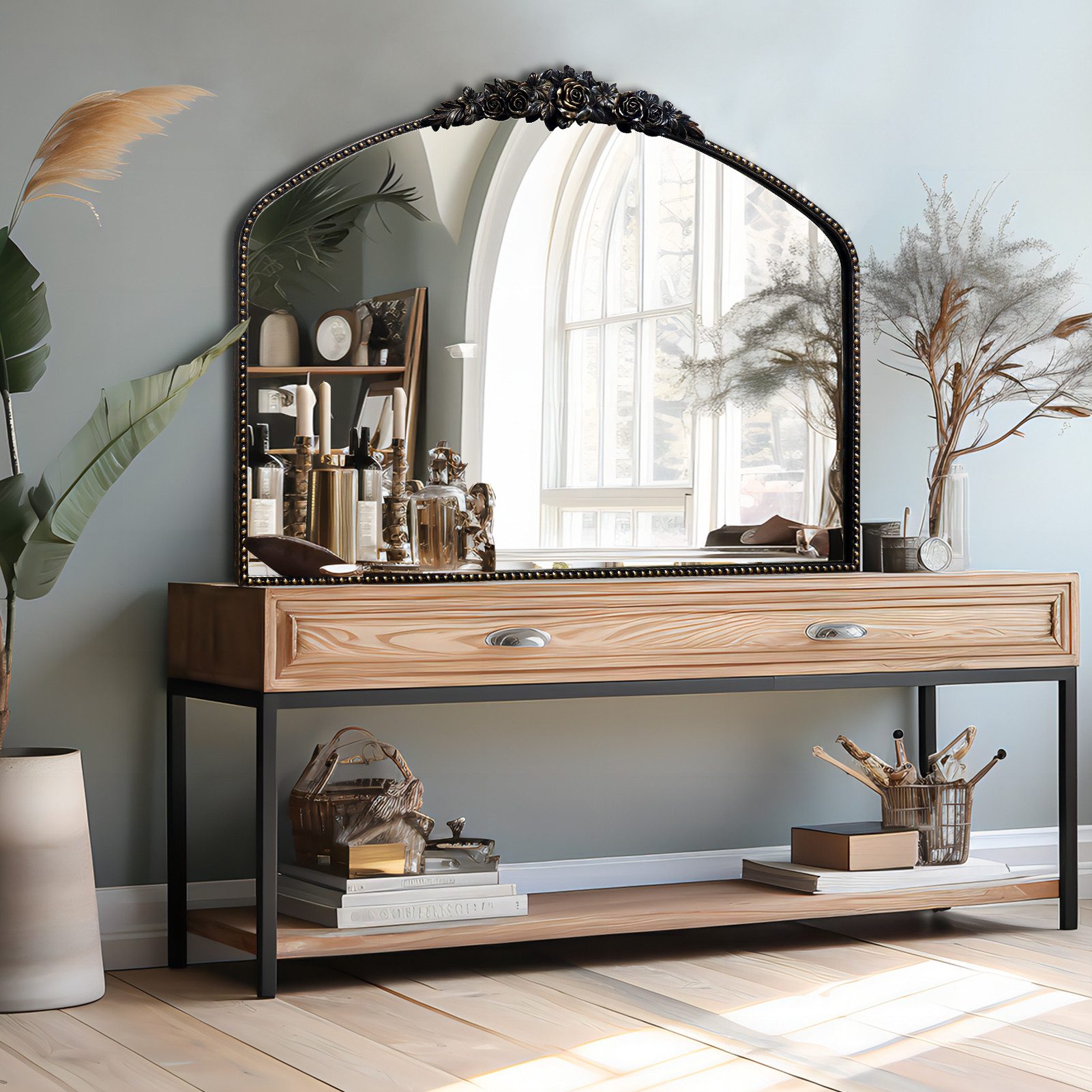 G-LEAF Wandspiegel Bogen-Wandspiegel im Barockstil, Metallrahmen mit Perlenverzierung (1-St), für Eingangsbereich, Badezimmer oder Schlafzimmer, Vintage-Schwarz – Bild 3 von 5