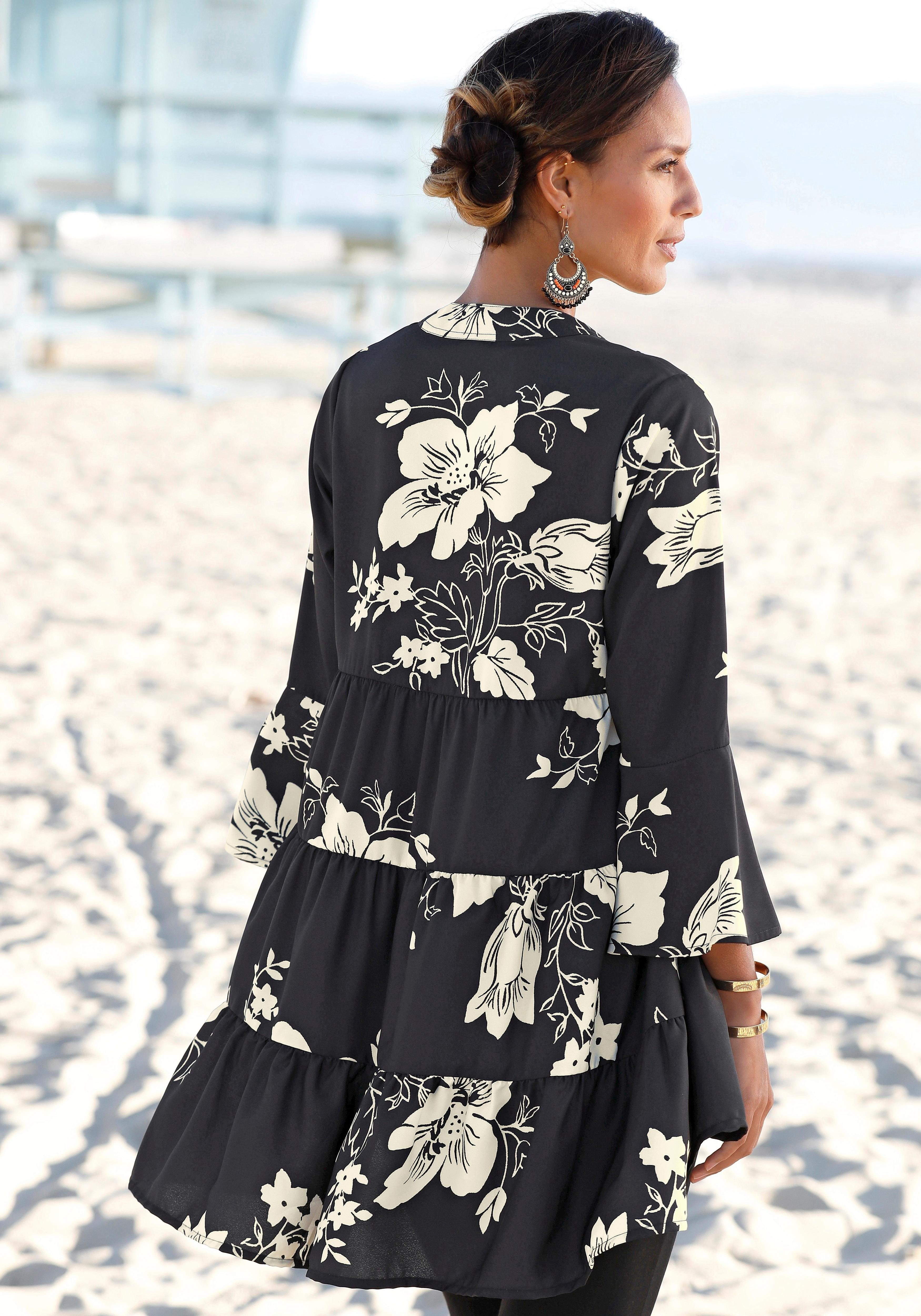 LASCANA Blusenkleid in weiter Form mit Volants und Blumenprint, Tunikakleid, Strandkleid