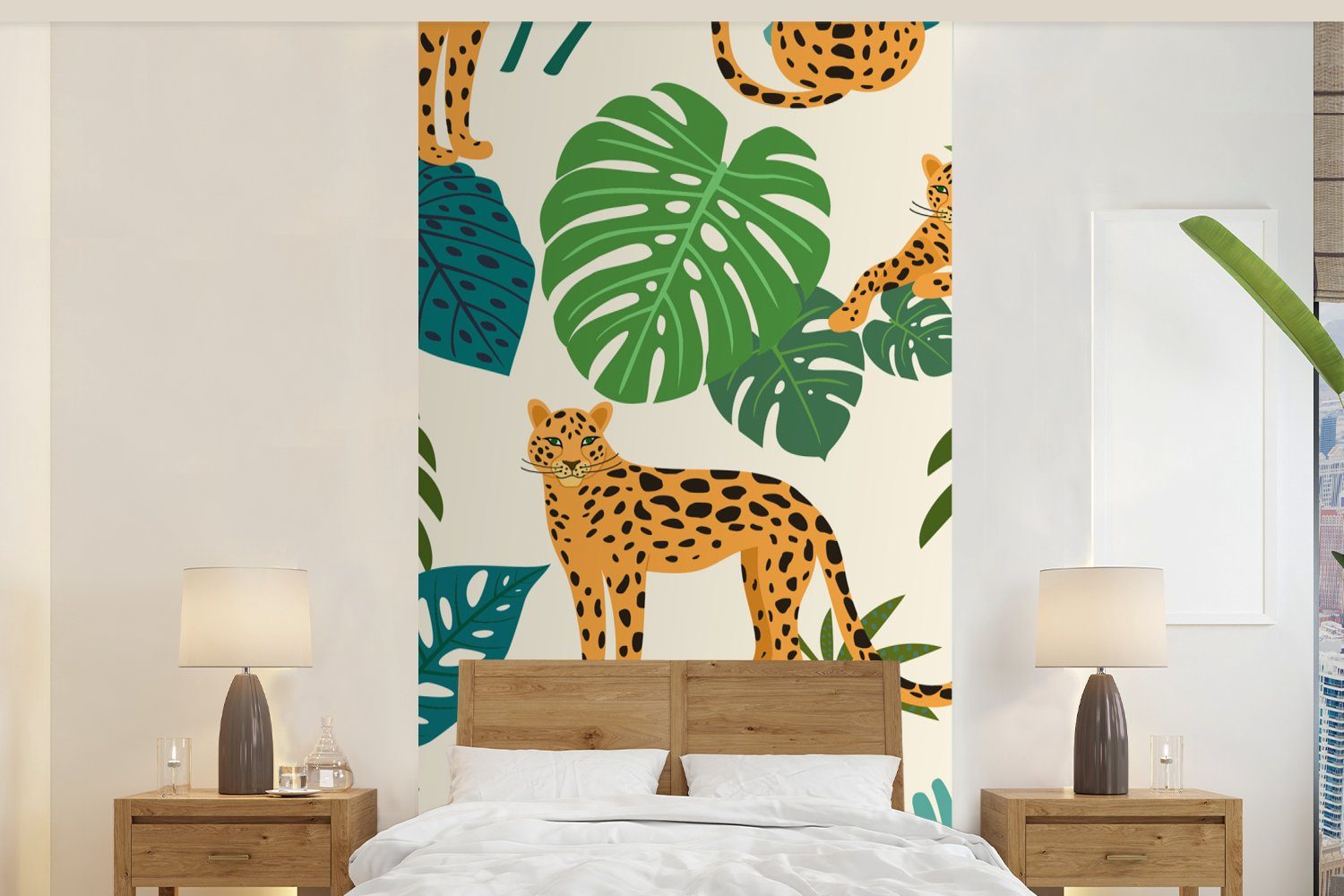MuchoWow Fototapete Dschungel - Vliestapete Leopard Mädchen St), für Muster - Wohnzimmer - (2 Fototapete Küche, Schlafzimmer Jungen, Matt, Pflanzen - bedruckt, 