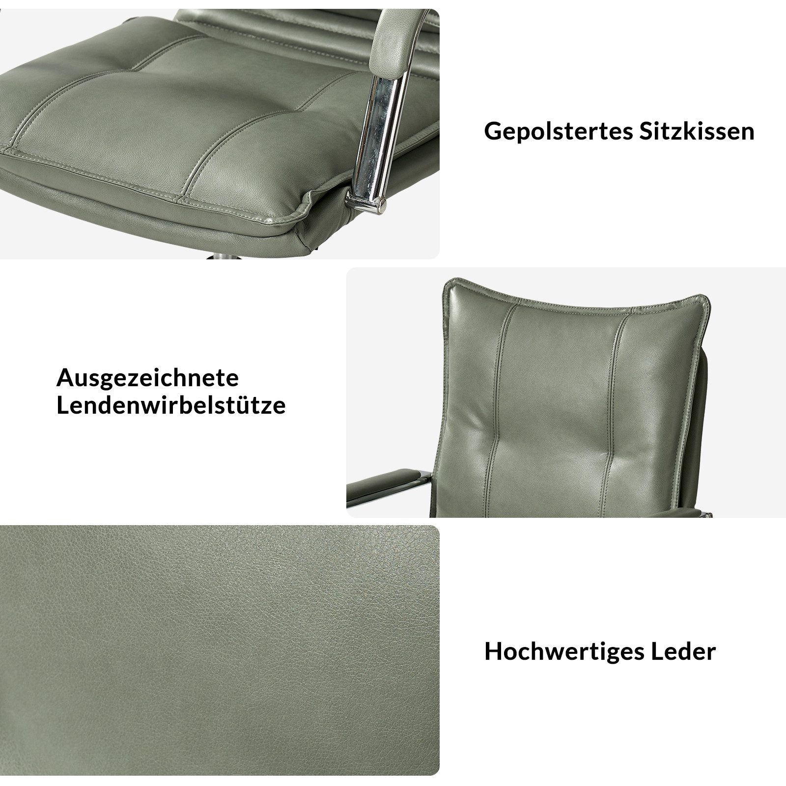HULALA HOME Bürostuhl Ergonomischer Schreibtischstuhl mit Metallbasis, Leder, mit gepolsterten Armlehnen und SGS-Zertifizierung, grün