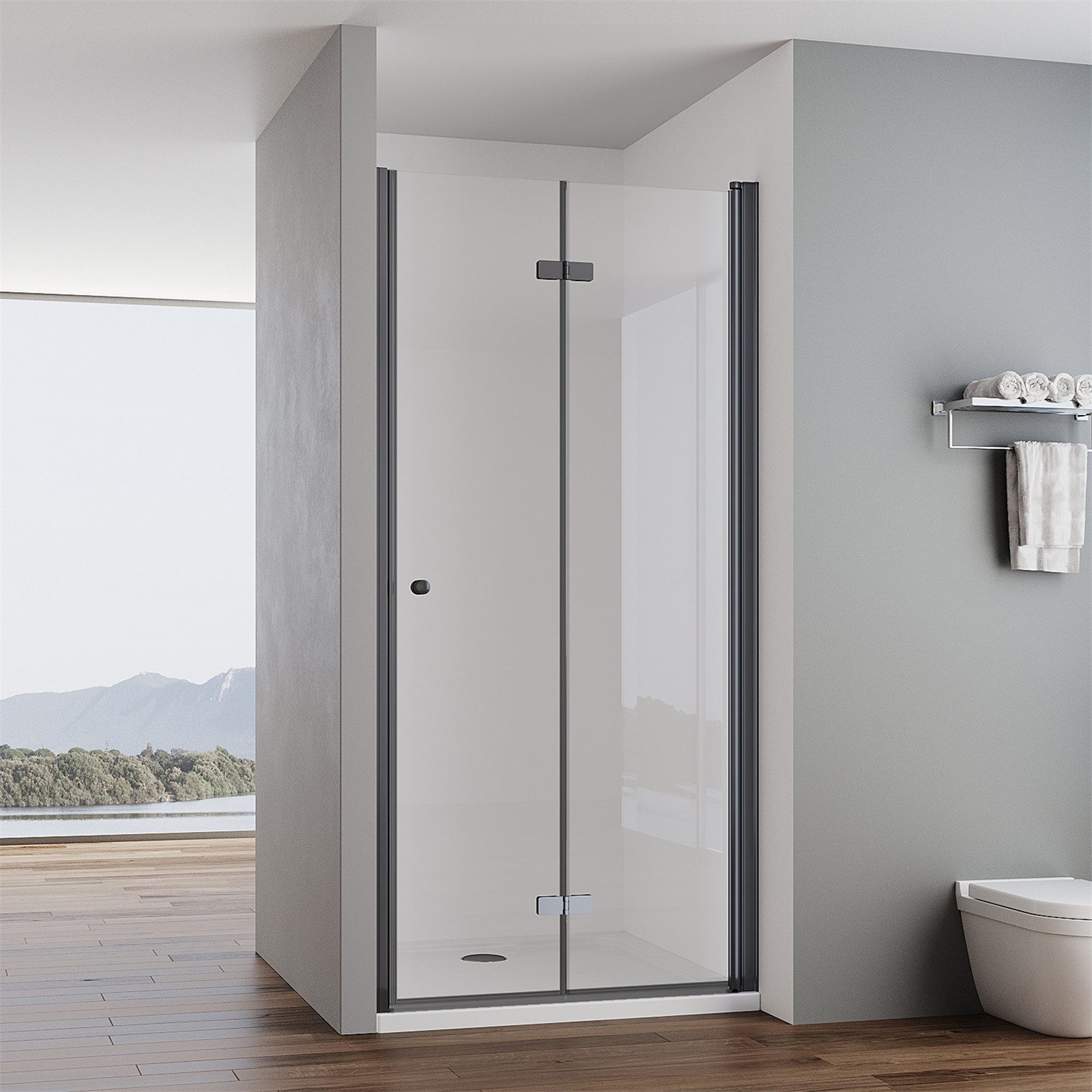 IMPTS Dusch-Falttür Duschtür Falttür 180° Dusche Nischentür Schwarz Duschkabine Drehbar, 80x185 cm, Einscheibensicherheitsglas, Sicherheitsglas, (set) Duschkabine Pendeltür Schwingtür Dusche Falttürkabine Duschabtrennung