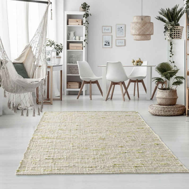 Wollteppich TaraCarpet Handwebteppich Oslo, TaraCarpet, rechteckig, Höhe: 10 mm, Schurwolle Handgewebt grün meliert Wohnzimmer Schlafzimmer 060x090 cm