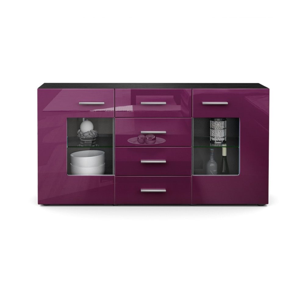 Vladon Sideboard Noah V1 (Kommode mit 2 Türen, 4 Schubladen und 2 flexible Glaseinlegeböden), Schwarz matt/Brombeer Hochglanz (139 x 72 x 35)
