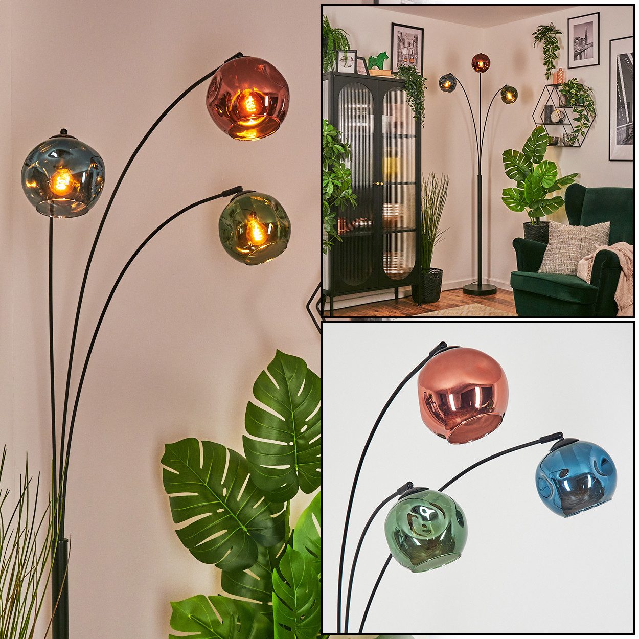 hofstein Stehlampe Stehlampe aus Metall/Glas in Schwarz/Blau/Grün/Kupferfarben, verstellbare Stehleuchte im Vintage-Design, Fußschalter, 210 cm, 3xE14