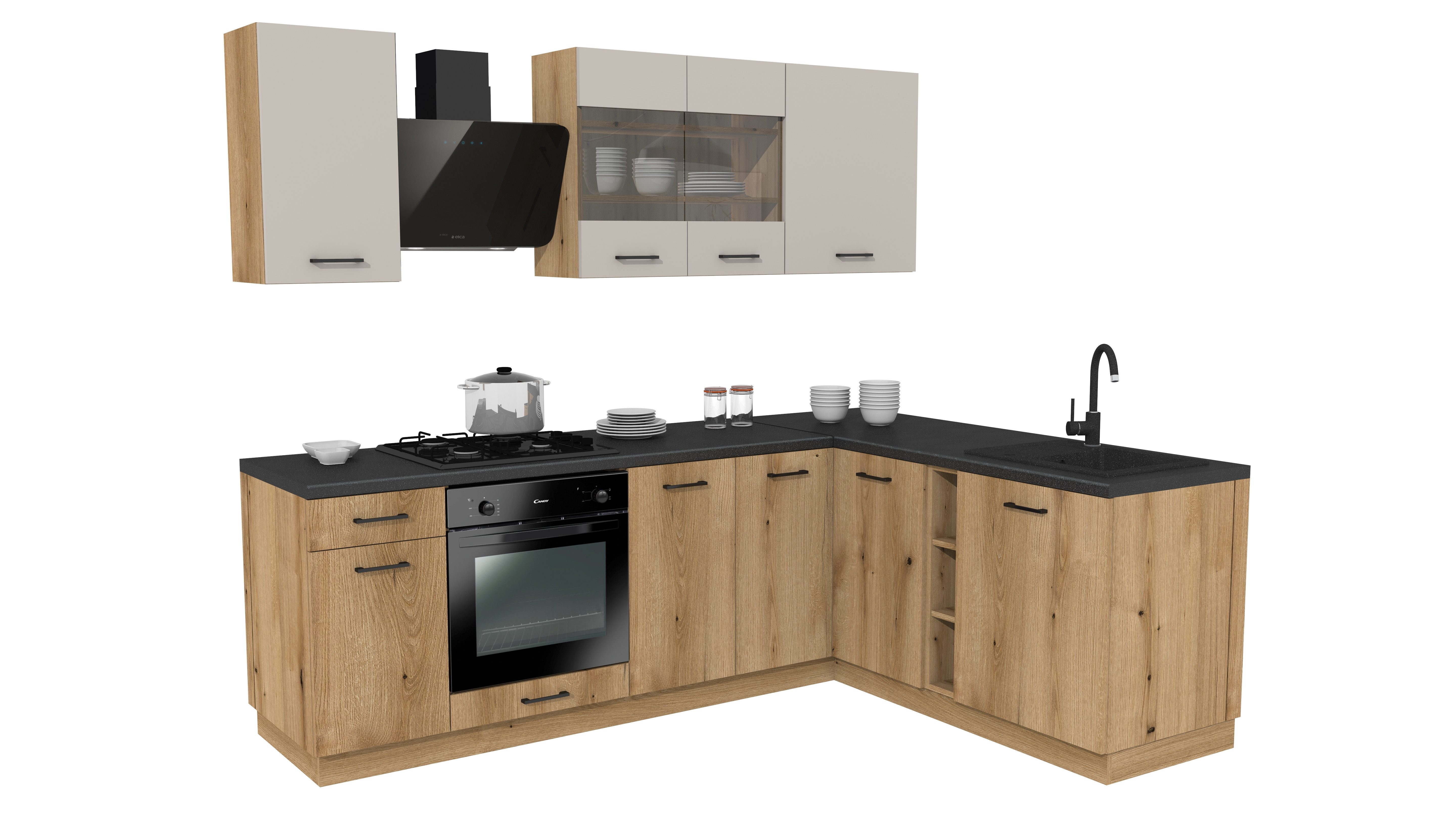 ROYAL24_MARKT Winkelküche - SIMPLY Z7 – Kaschmir / Eiche, (Komplett Set), Edle Stoffe - Schickes Design - Top Verarbeitung