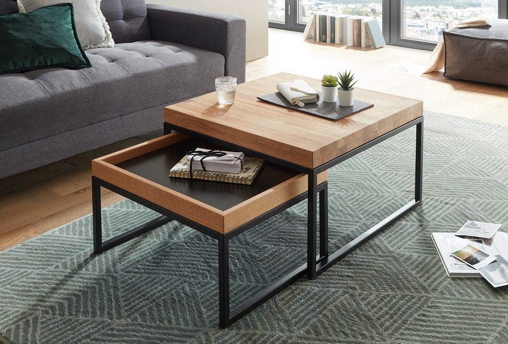 Furnhaus Couchtisch Set Labo 2-teilig, massive Asteiche, Metall, Schwarz (2-St), 2er-Set. 57/65 cm breit, ineinanderschiebbar, massive Asteiche