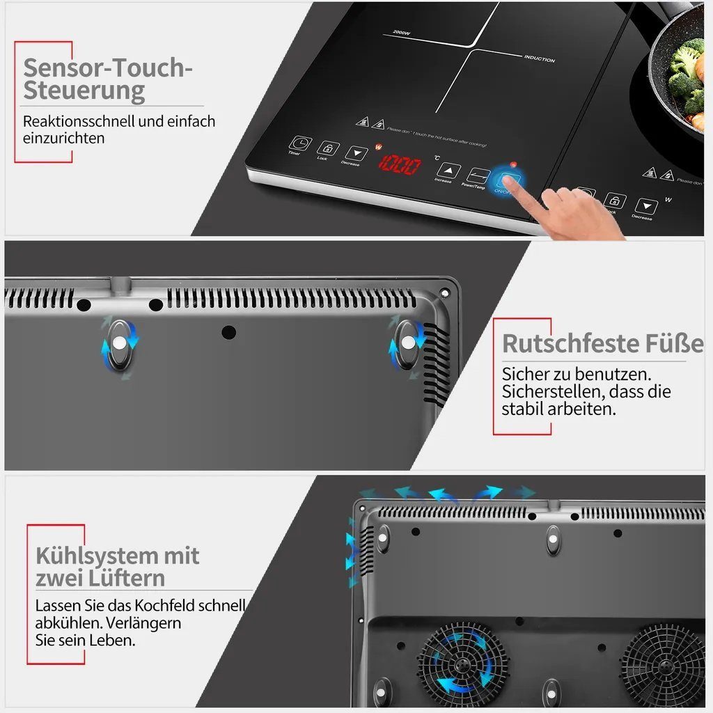 AMZCHEF Doppel-Induktionskochplatte DC08, 3500w, 10 Temperaturstufen, 3-Stunden-Timer, Sicherheitssperre