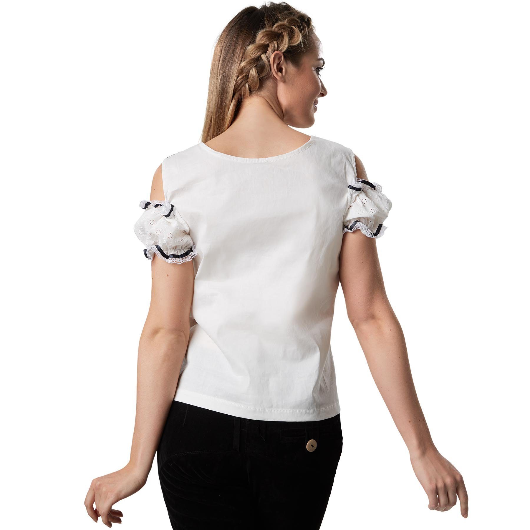 dressforfun Trachtenbluse Dirndlbluse aus reiner Baumwolle mit Carmen-Ausschnitt und Schnürung (Landhausbluse Zenzi, in grau/weiß) Seitliche Blumenstickerei, ku – Bild 3 von 5