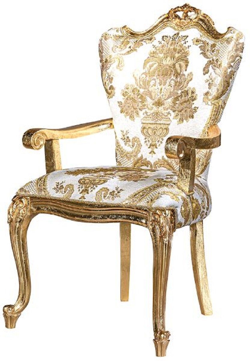und & Küchen handgefertigte Luxus Casa / Gold Esszimmerstuhl Weiß Barock Möbel Esszimmerstuhl elegantem Muster Armlehnen 6 Barock Prunkvoll Esszimmer - - mit Edel Set - Stühle Padrino