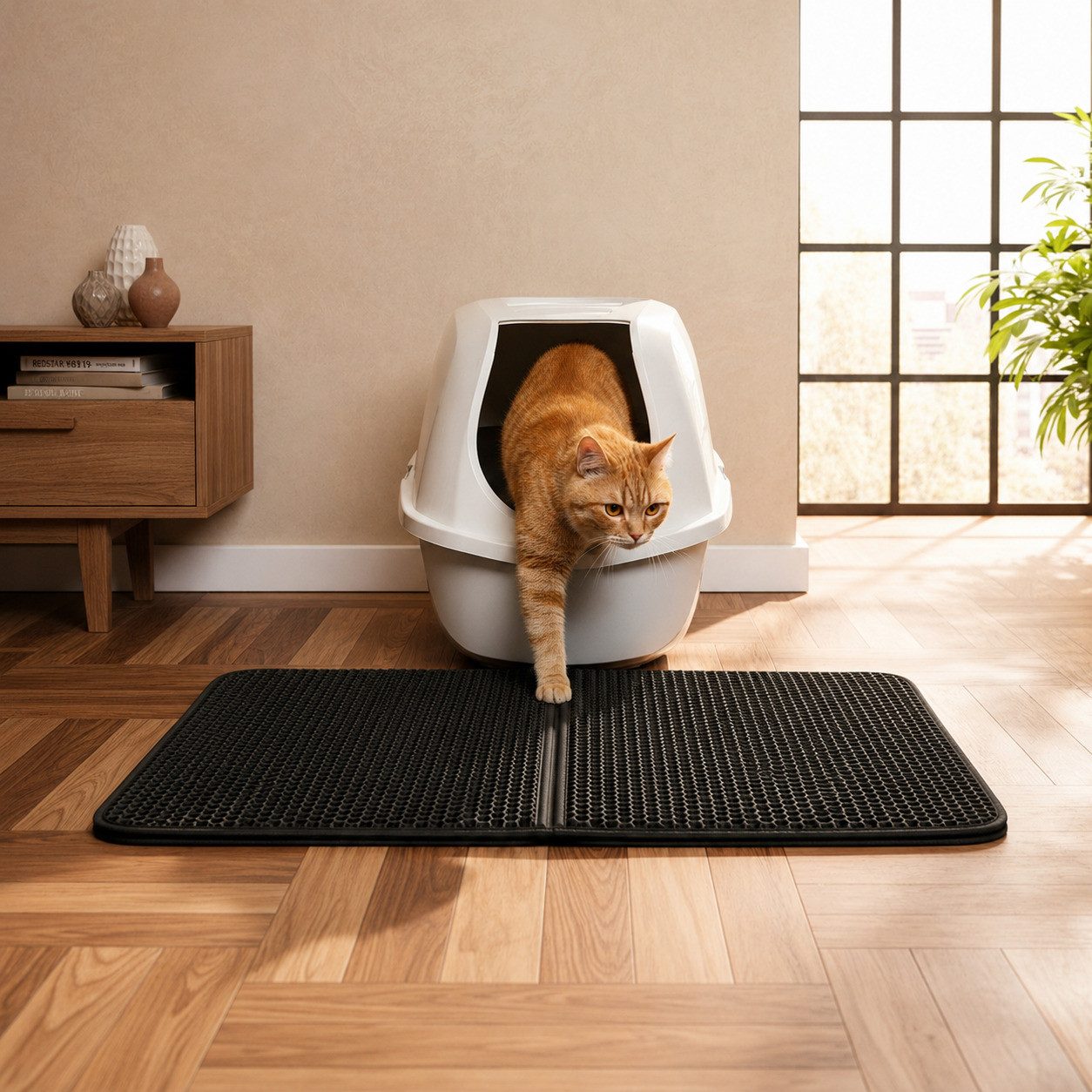 belviona Bodenschutzmatte für Katzentoiletten, Katzenstreumatte 76x61 cm, schwarz, rutschfest, 1-St., EVA-Matte im Bienenwabenmuster, wasserdicht & pflegeleicht
