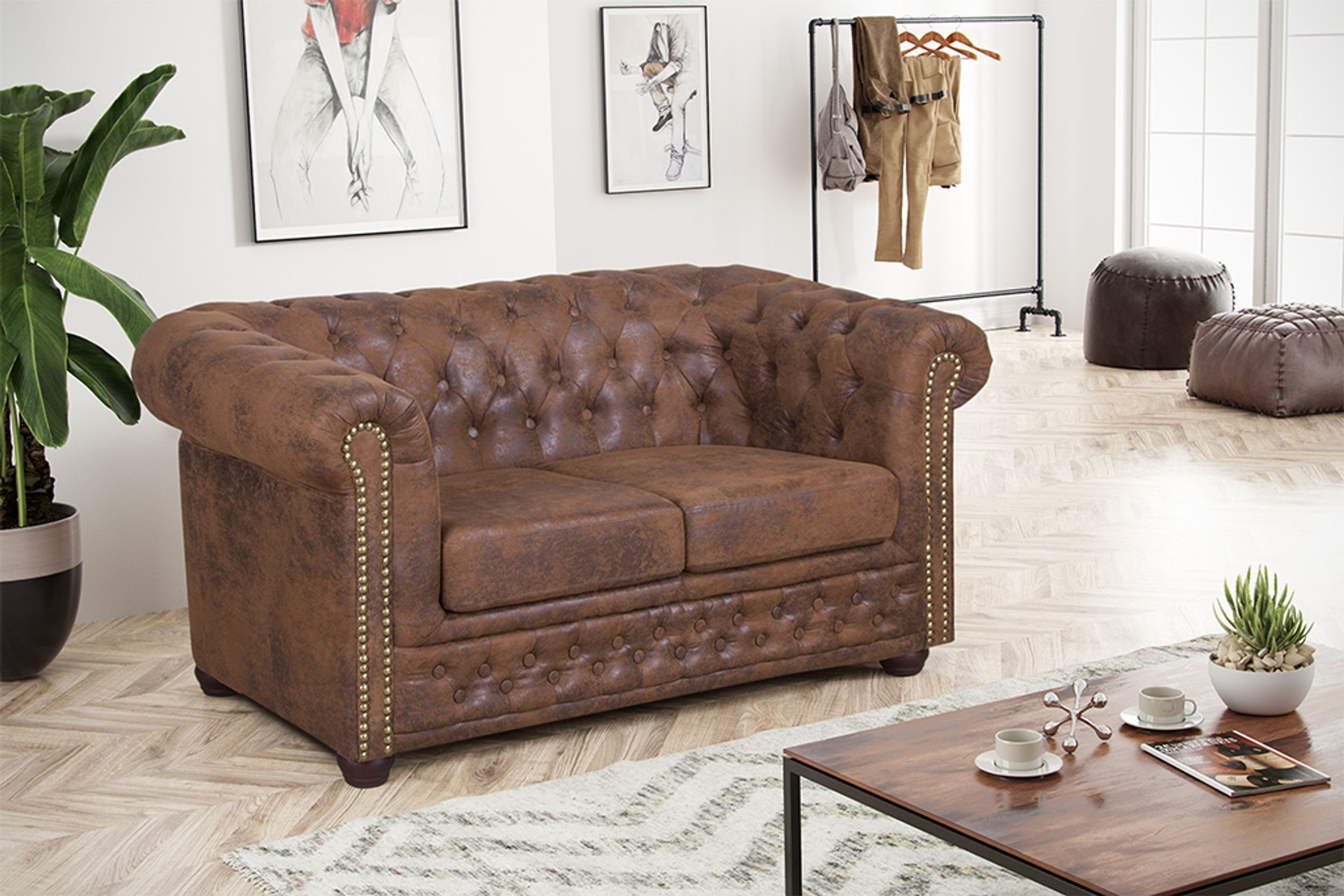 Sofa Edles Chesterfield 2 Sitzer Mikrofaser Vintage braun Couch