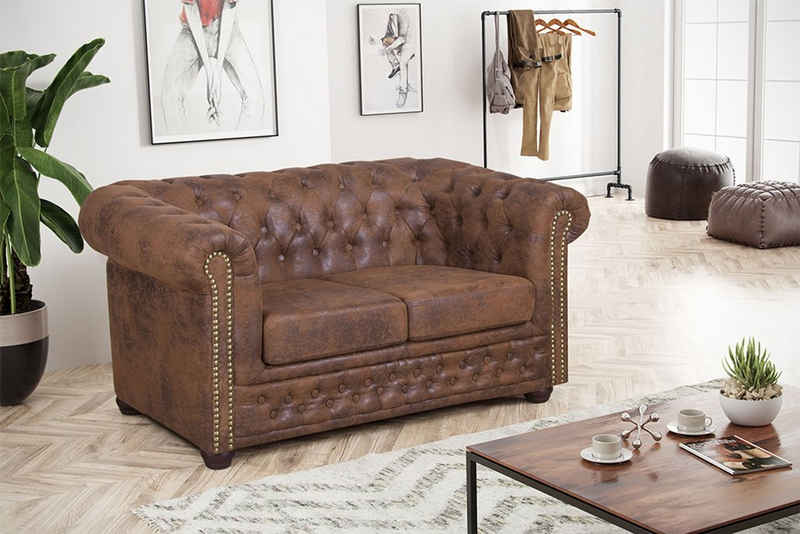 Küchen-Preisbombe Sofa Edles Chesterfield 2 Sitzer Mikrofaser Vintage braun Couch, Chesterfield Sofa