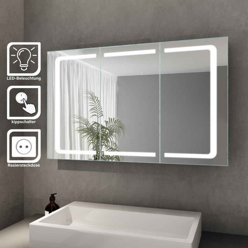 SONNI Spiegelschrank Spiegelschrank Bad 3 türig mit led beleuchtung 105 x 65 cm Edelstahl IP44, Badezimmerspiegelschrank, Badschrank, Steckdose, Kippschalter