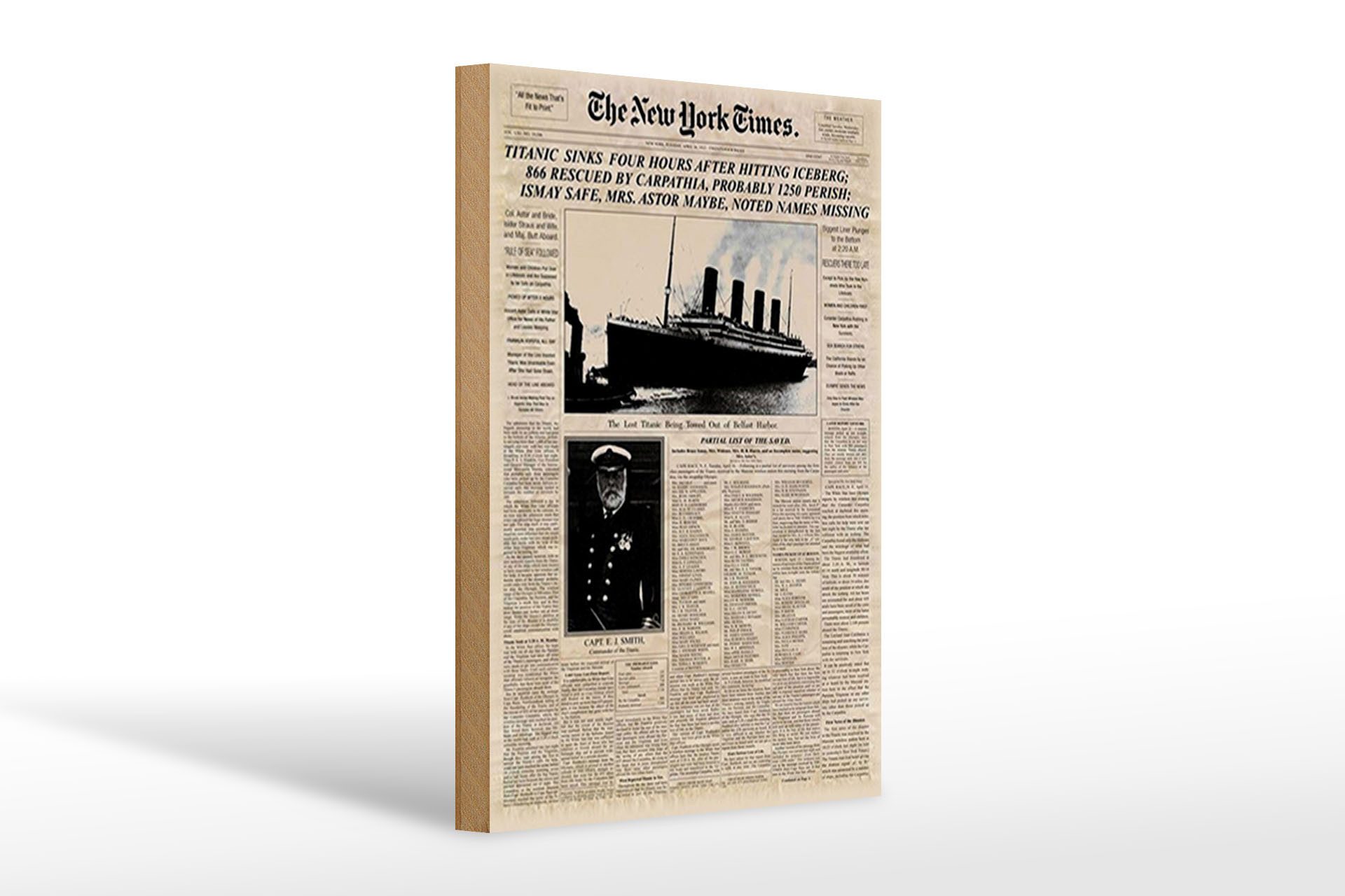 Femer GmbH Holzbild Zeitung 20x30cm New York Times Titanic sinks, Nostalgie Retro Altes (1 St), Glatte Holzfaserplatte (MDF), vorn beschichtet
