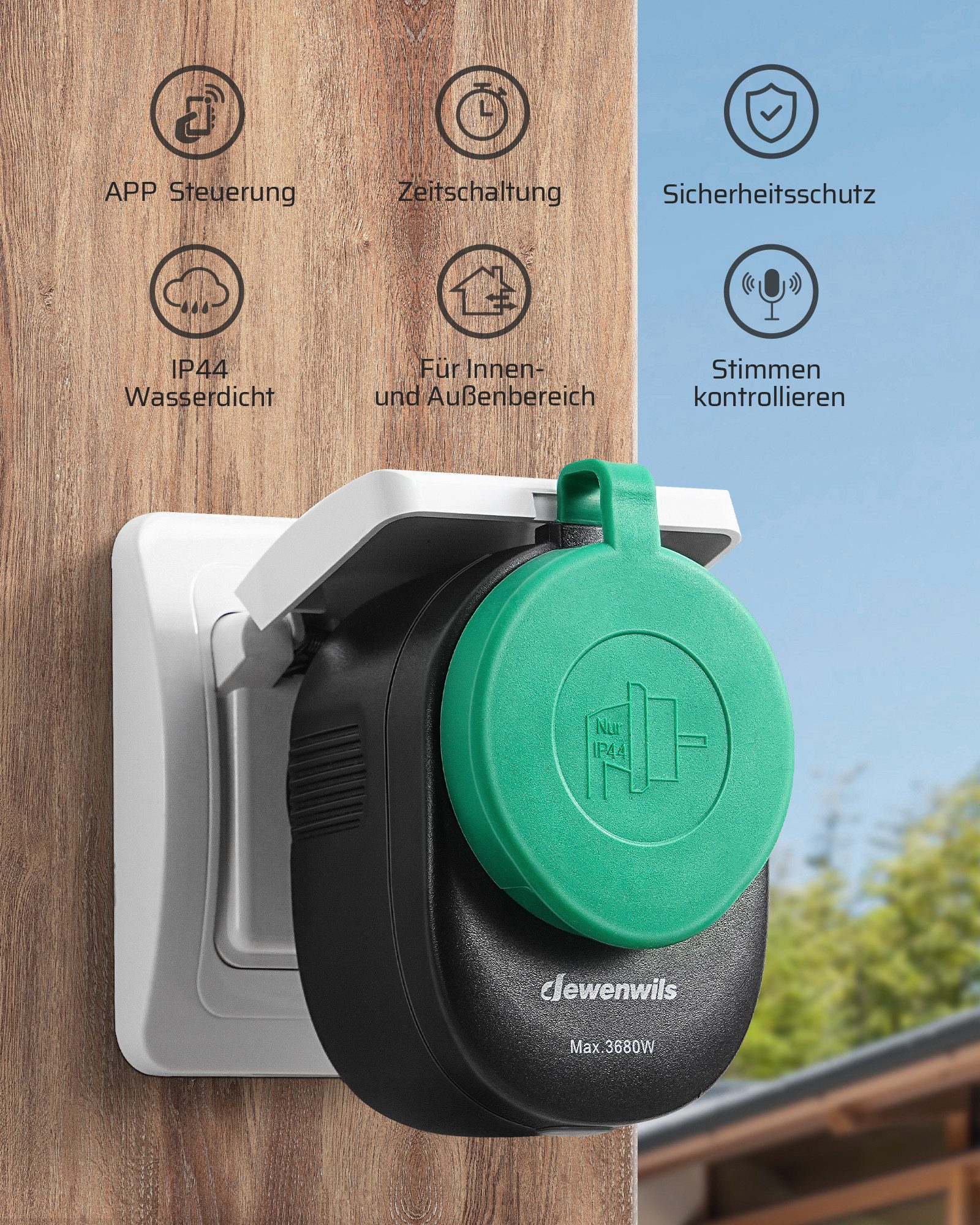 DEWENWILS WLAN-Steckdose Outdoor, max. 3680 W, 1-St., Kompatibel mit Alexa, Google Home, Wifi Steckdose Outdoor