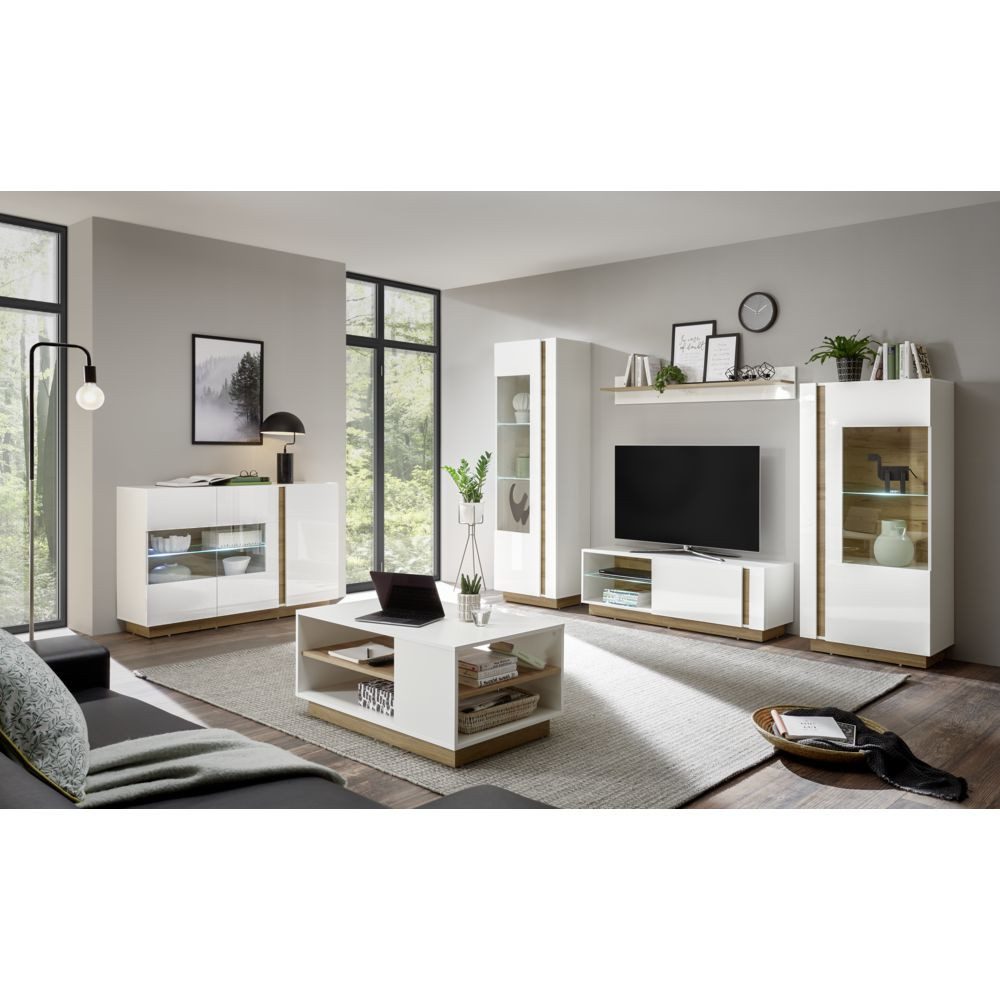 Lomadox Wohnwand CELLE-61, (4-St), weiß Glanz mit Grandson Oak Eiche Nb. 290/194/40 cm