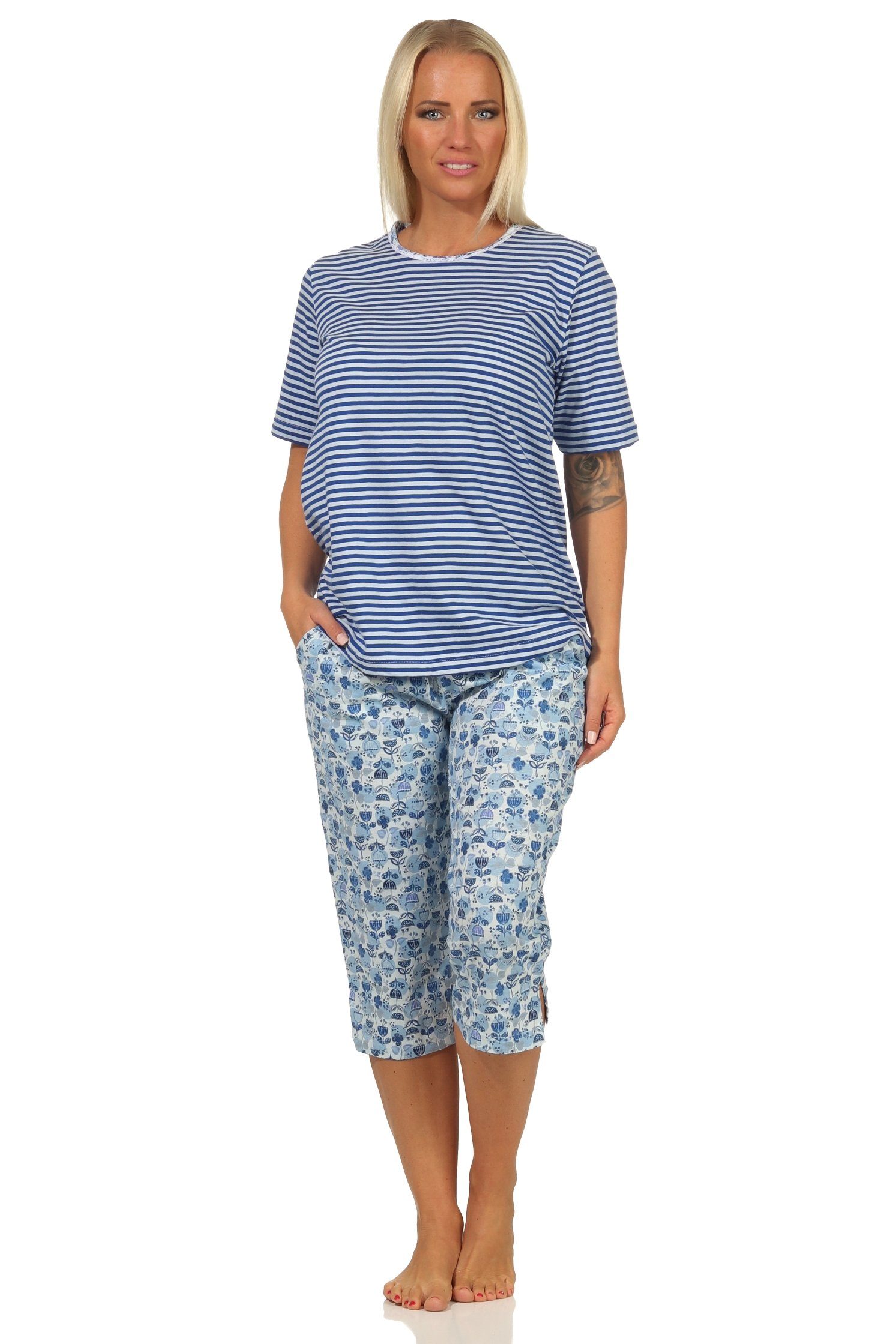 Spitzenbesatz Damen in Normann Capri - Schlafanzug hellblau mit auch Übergrößen Pyjama