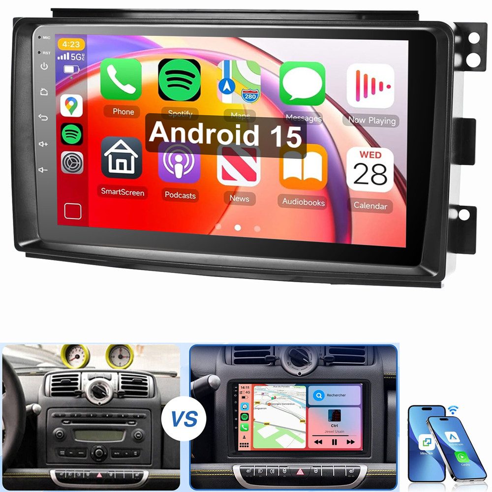MOPECT Für Smart Fortwo 451 2005-2015 Android 15 NAVI Autoradio (RDS, Digitalradio (DAB), FM, AM)